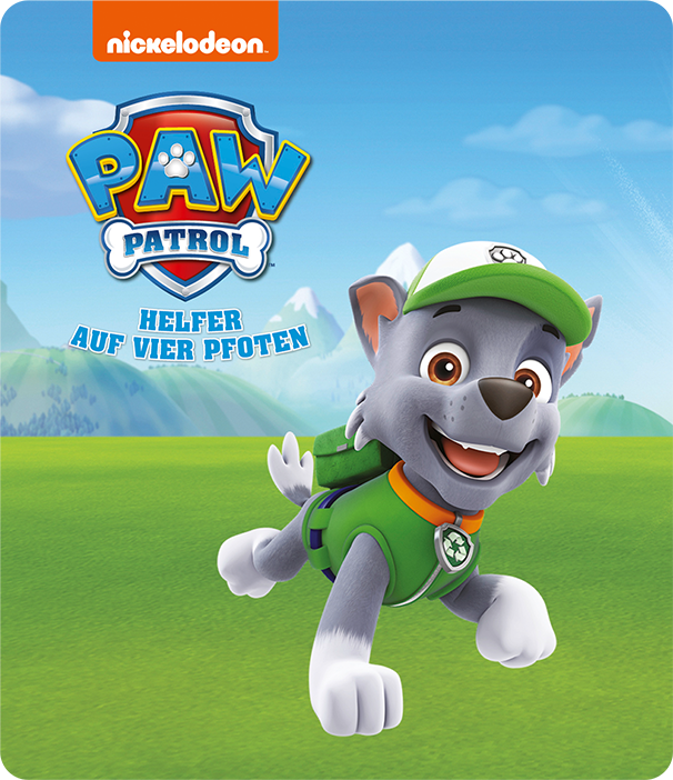Paw Patrol-Figur, Rocky, rennt über Gras. Nickelodeon-Logo oben links sichtbar.