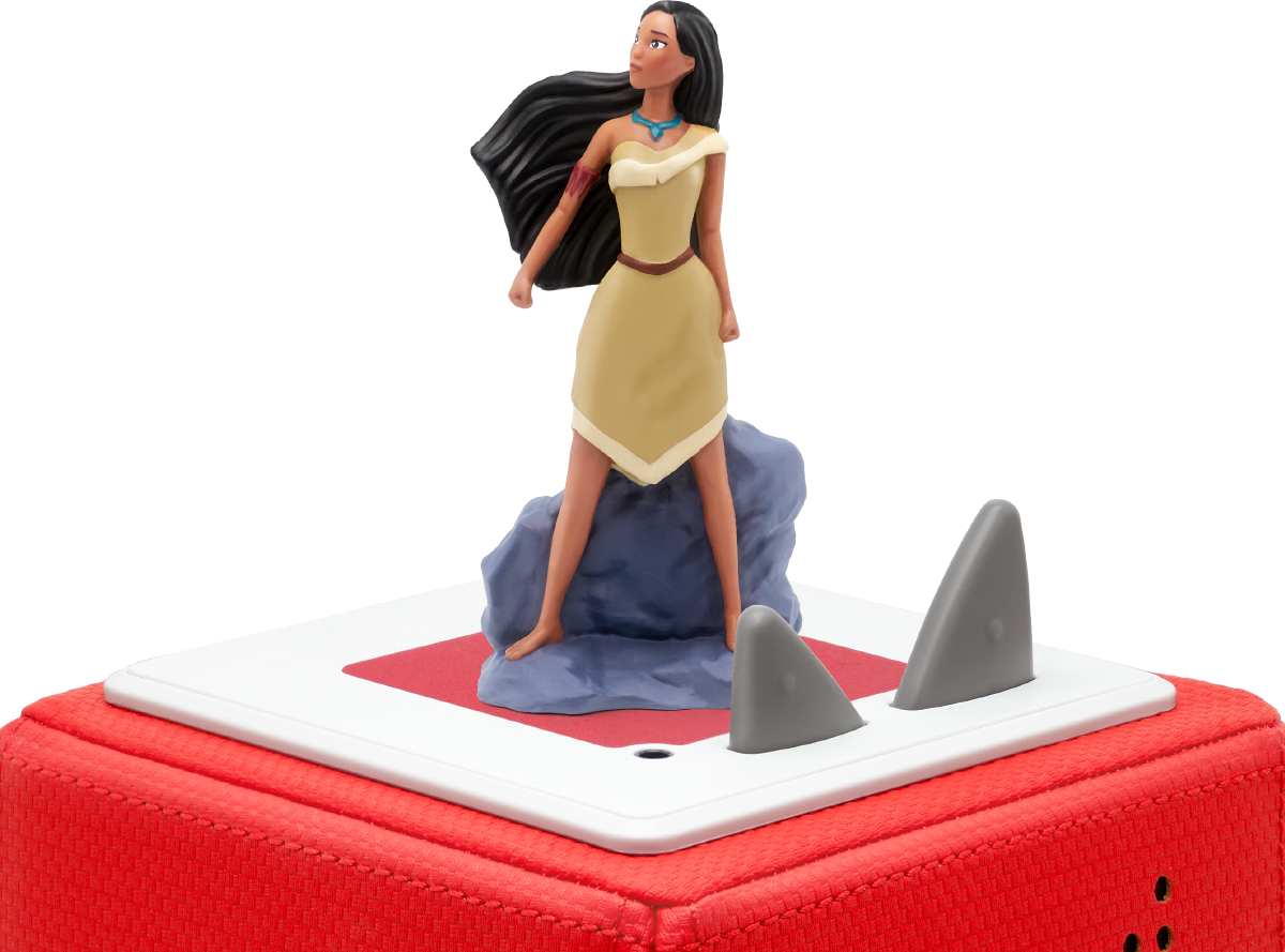 Eine Pocahontas-Figur auf roter Basis mit zwei grauen Haifischflossen. Schwarzer Hintergrund.