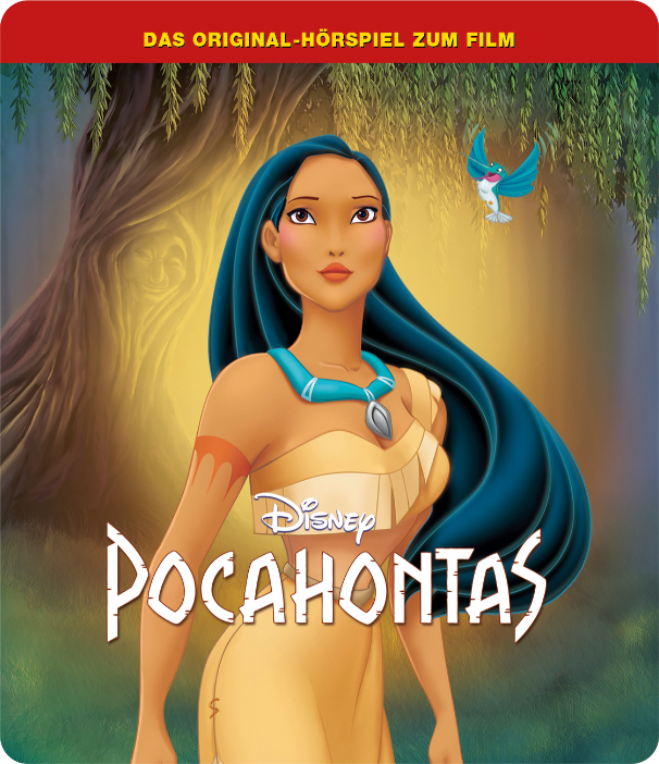 Disney's Pocahontas-Filmcover mit Pocahontas und einem Vogel auf grünem Hintergrund.