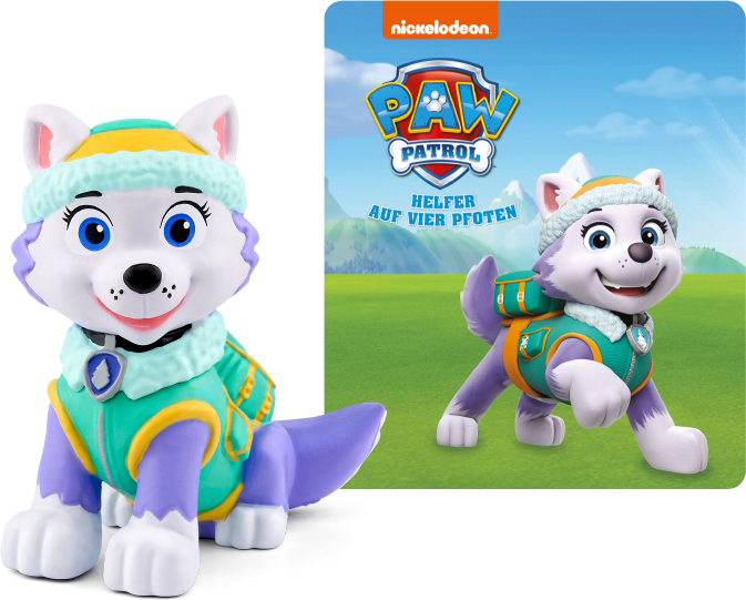 Everest von Paw Patrol Spielzeug, mit Cartoon-Bild im Hintergrund.