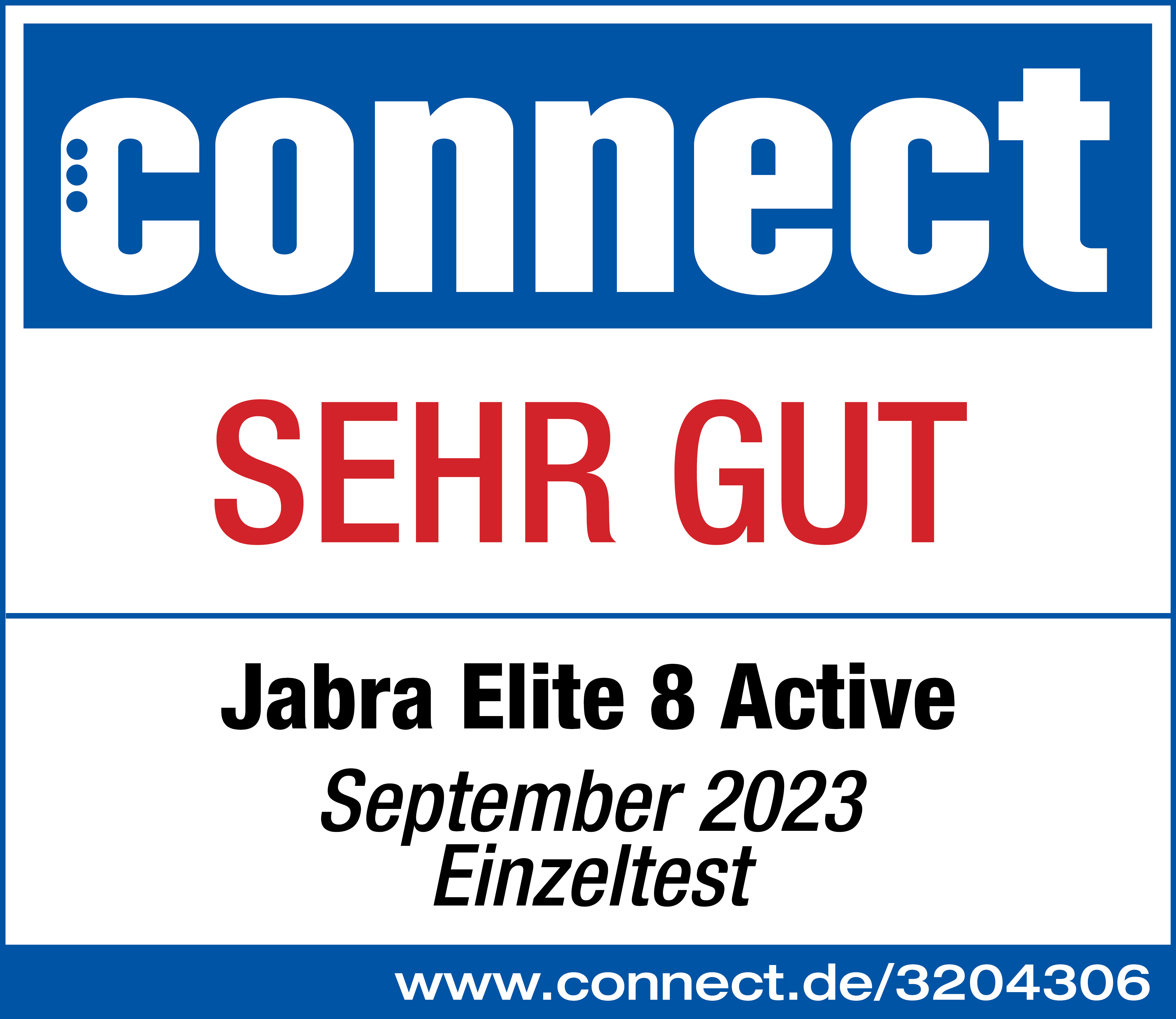 CONNECT Bewertung: Jabra Elite 8 Active, 'SEHR GUT', blau-weißes Logo, weißer Hintergrund.