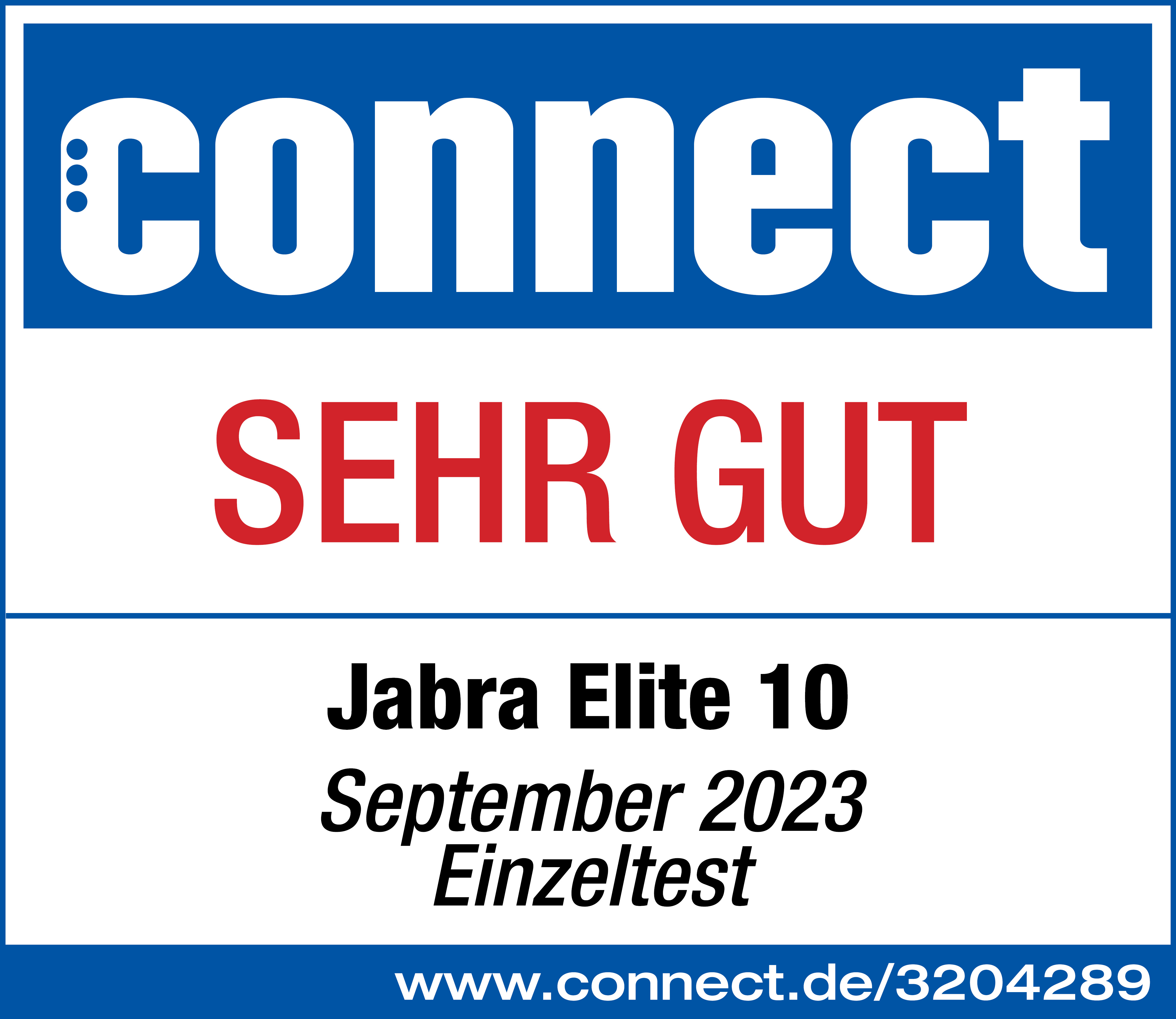 CONNECT Bewertung: Jabra Elite 10, 'SEHR GUT', blau-weißes Logo, weißer Hintergrund.