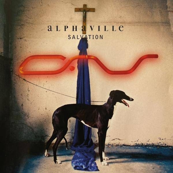 Albumcover für Alphaville's 'Salvation' mit einem schwarzen Hund, einem Kreuz und Neonkunst vor einer Wand.