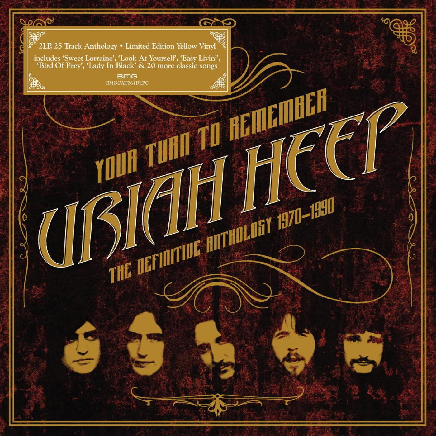 Albumcover mit Bandmitgliedern und Text 'Uriah Heep'. 'Your Turn to Remember' und 1970-1990.