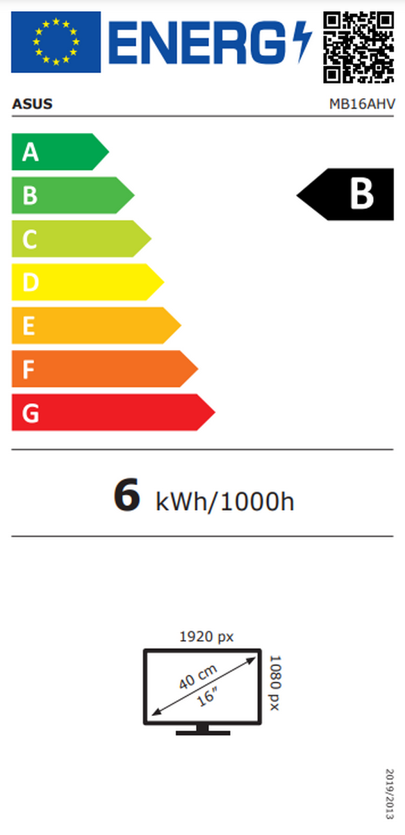 Energielabel, met A-G ratings, met 6 kWh/1000h en een B rating.