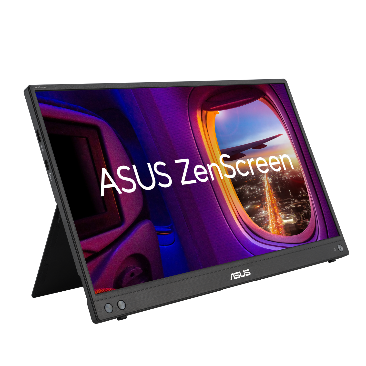 Een ASUS ZenScreen-monitor toont een uitzicht vanuit een vliegtuigraam. Het scherm is zwart en de achtergrond is zwart.