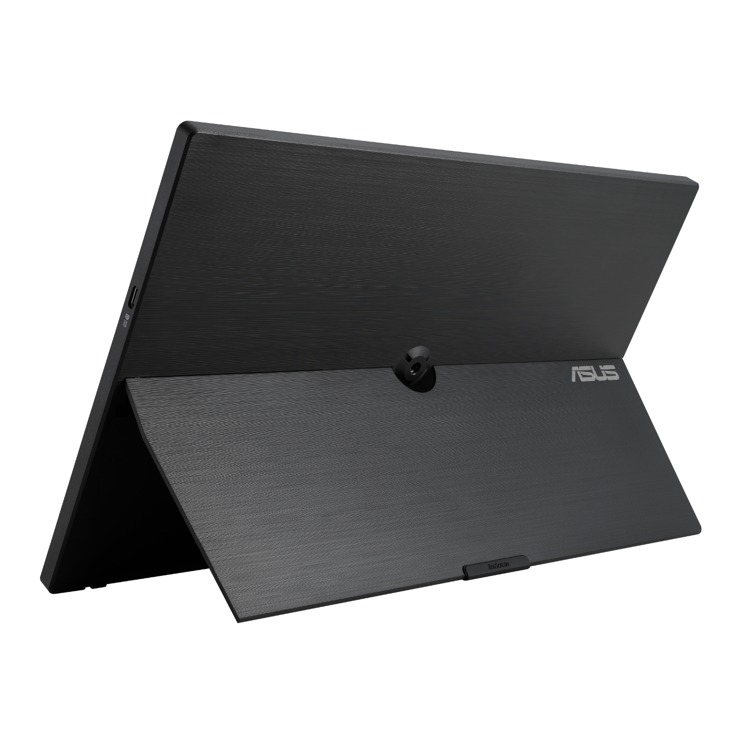 Een zwarte ASUS-tablet met het achterpaneel zichtbaar, omhoog gekanteld. Het ASUS-logo wordt weergegeven.
