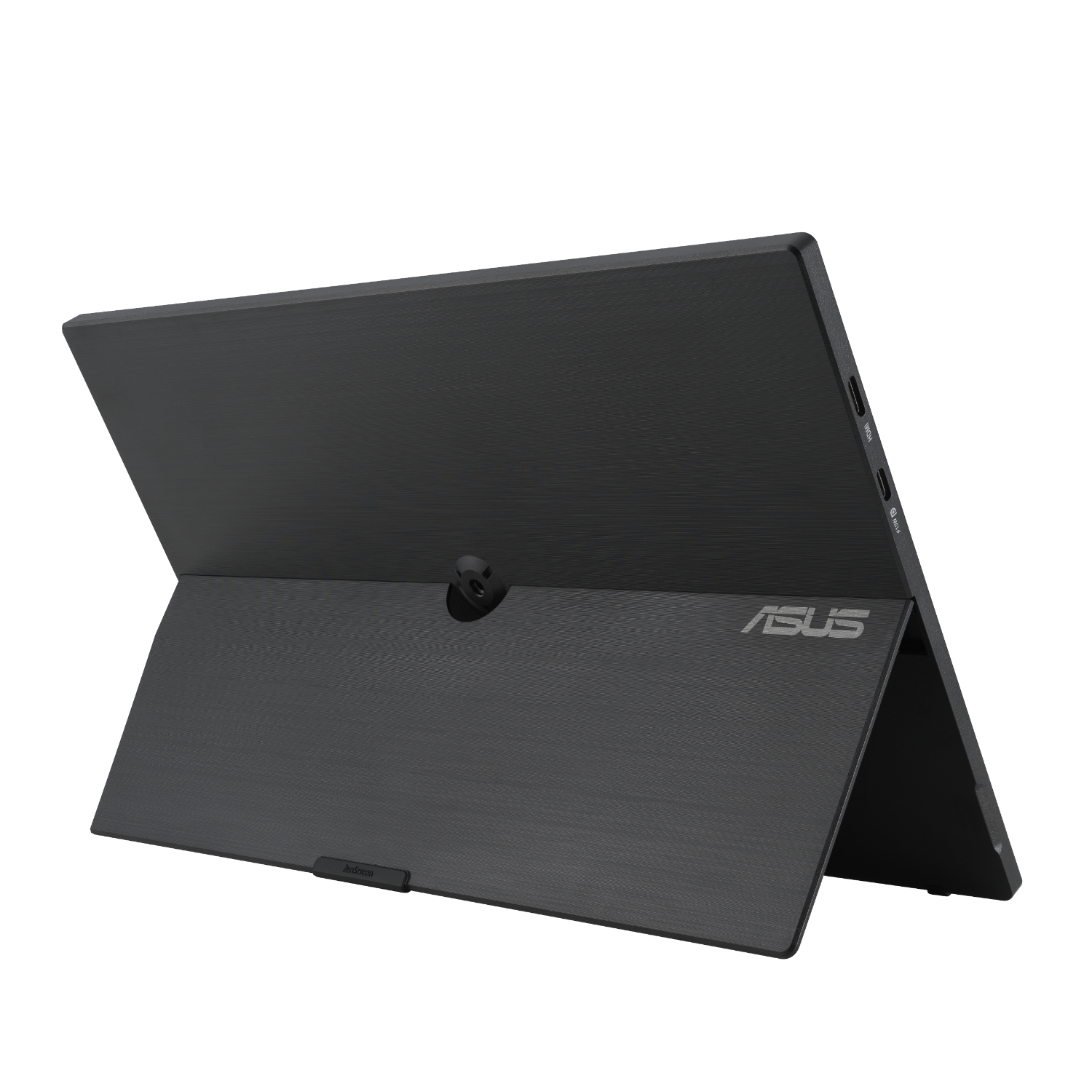 Een zwarte ASUS laptop met het scherm open, met het merklogo. Zwarte achtergrond.