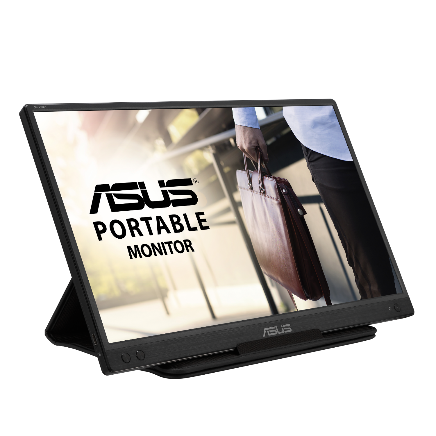 Asus draagbare monitor op standaard, met een persoon die een aktetas vasthoudt.