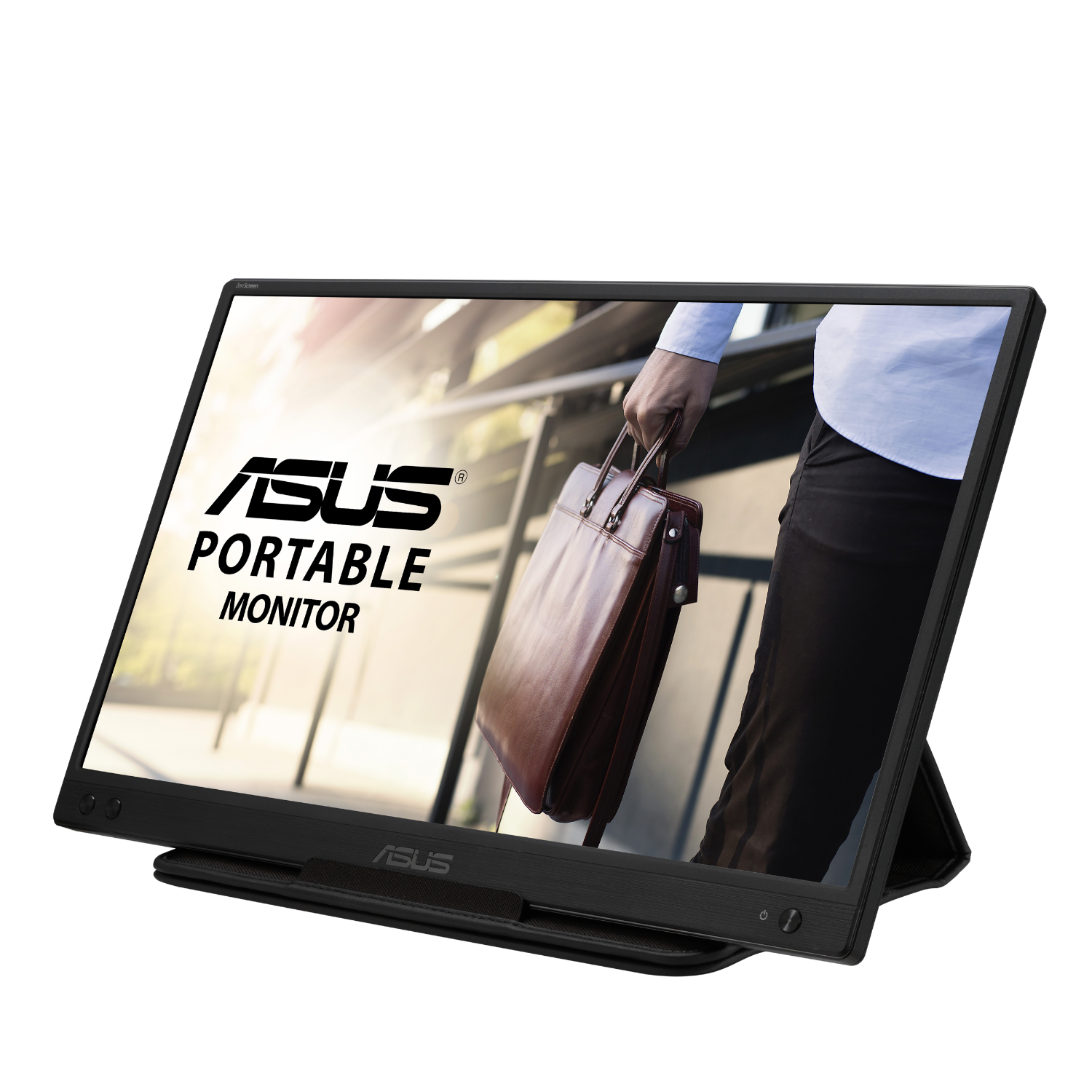 Draagbare Asus monitor, zwart, met een persoon die een aktetas vasthoudt, donkere achtergrond.