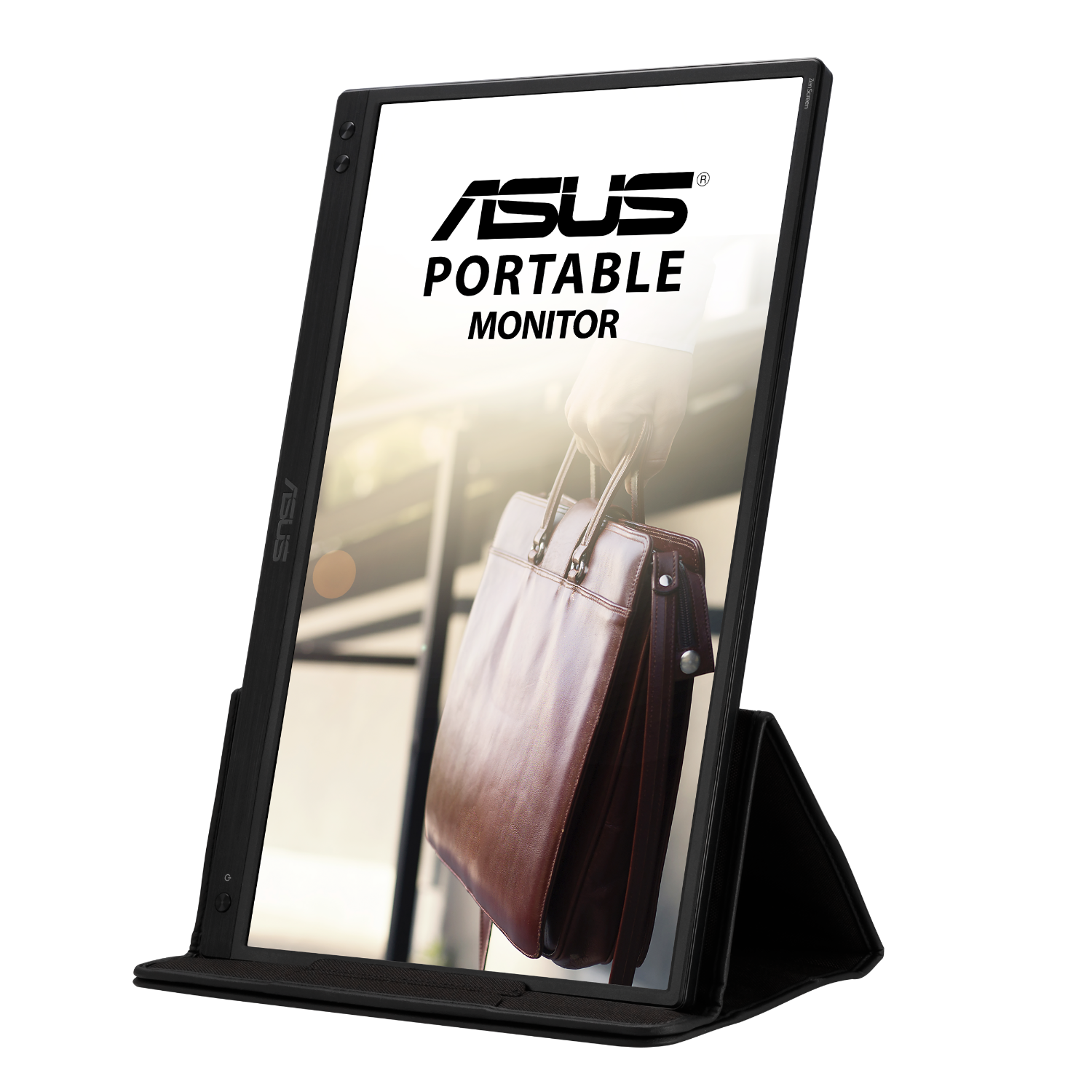 Een zwarte Asus draagbare monitor met een bruine tas op het scherm.