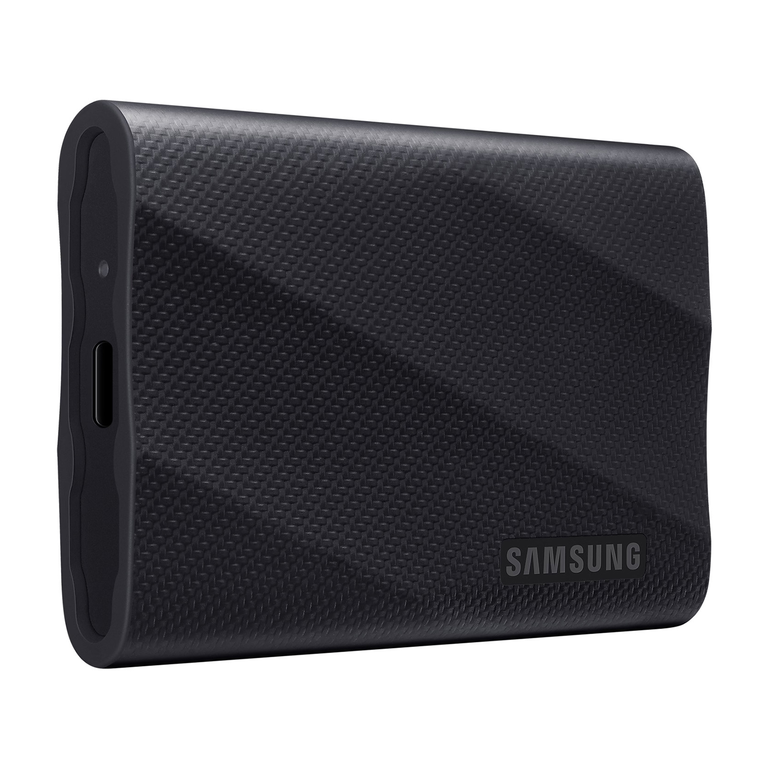 Disco rigido portatile Samsung nero con superficie strutturata e logo Samsung.