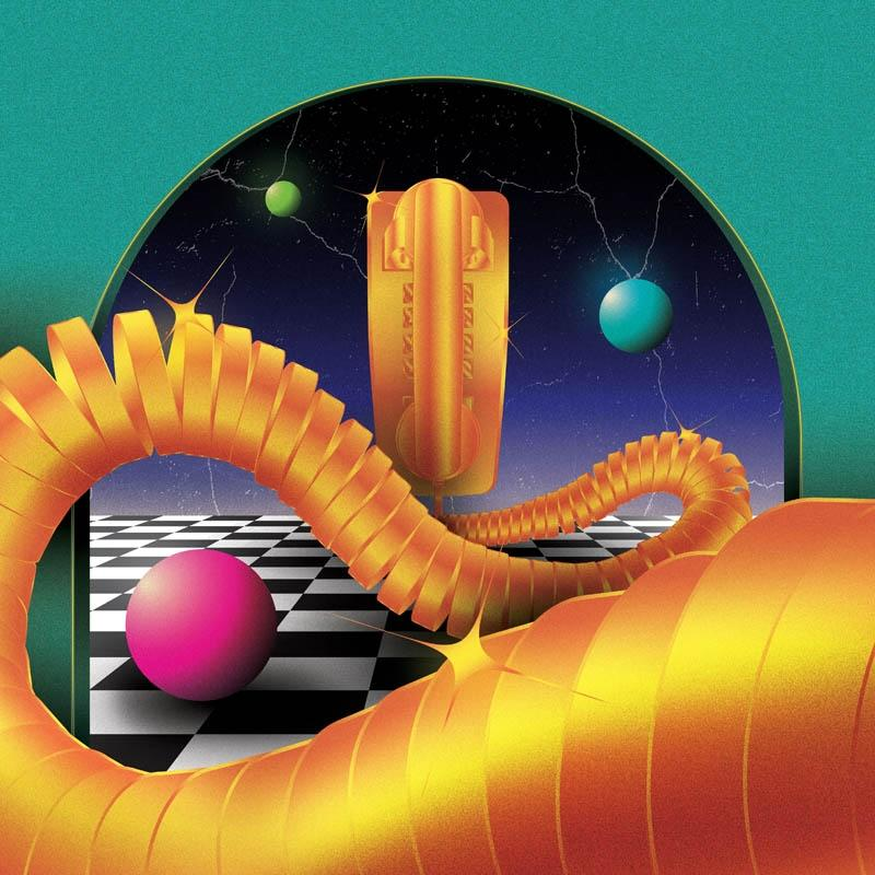 Abstrakte Kunst mit goldener, wellenförmiger Form, rosa Kugel und zwei grünen und blauen Kugeln auf Schwarz.