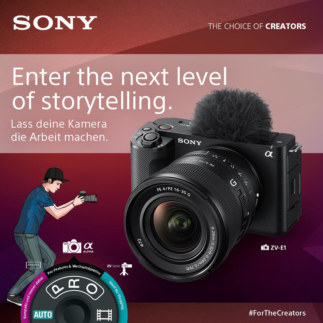 Eine Person benutzt eine Kamera, mit einer Sony Kamera und Werbetext.