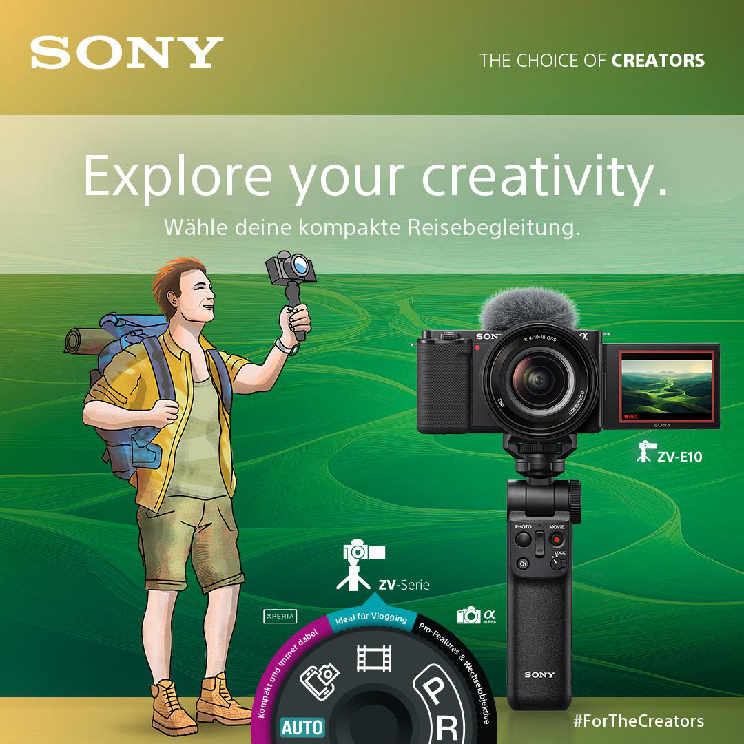 Mann filmt mit Kamera, Mikrofon haltend. Grafiken für Vlogging und Erstellung.