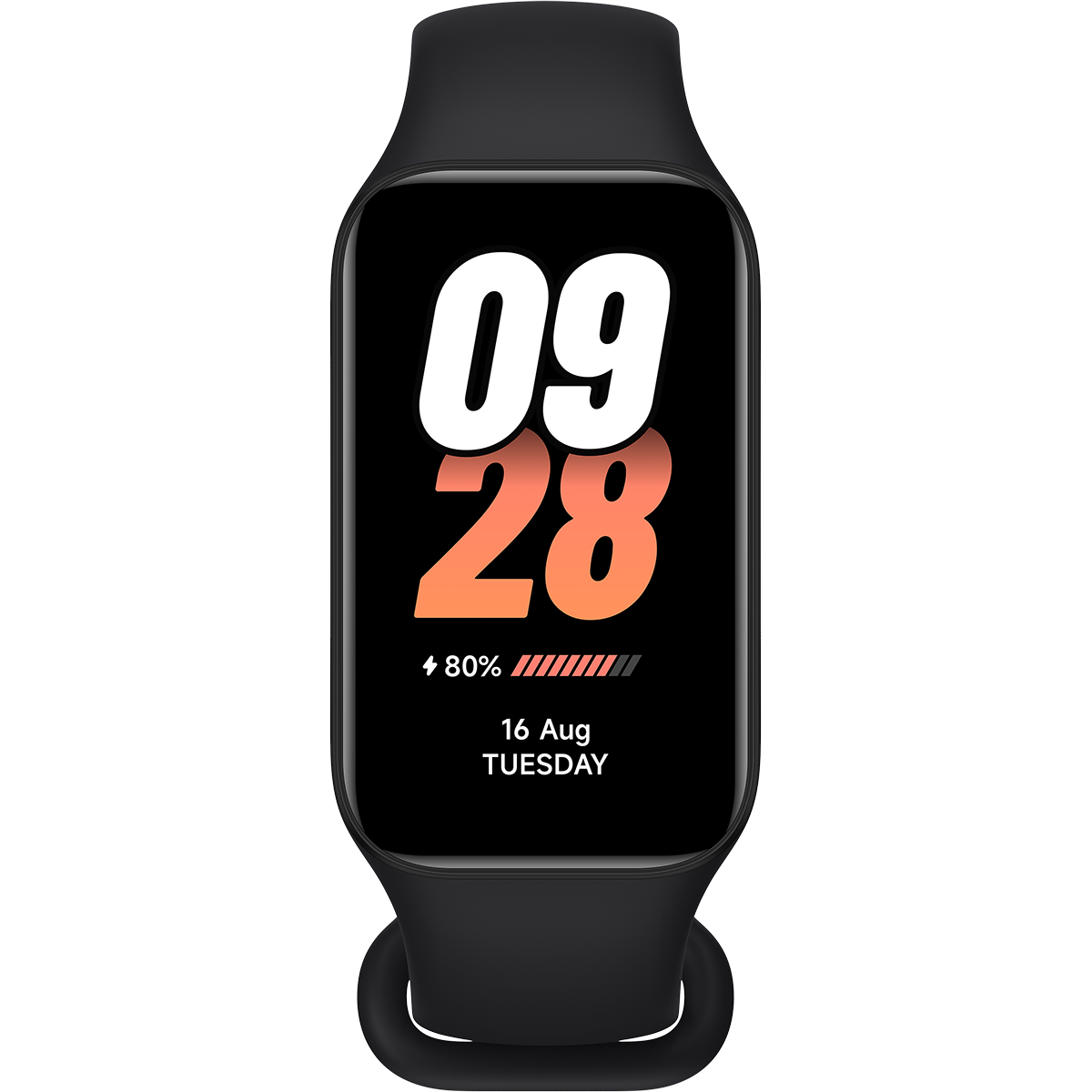 Reloj inteligente negro con pantalla digital que muestra la hora y batería.