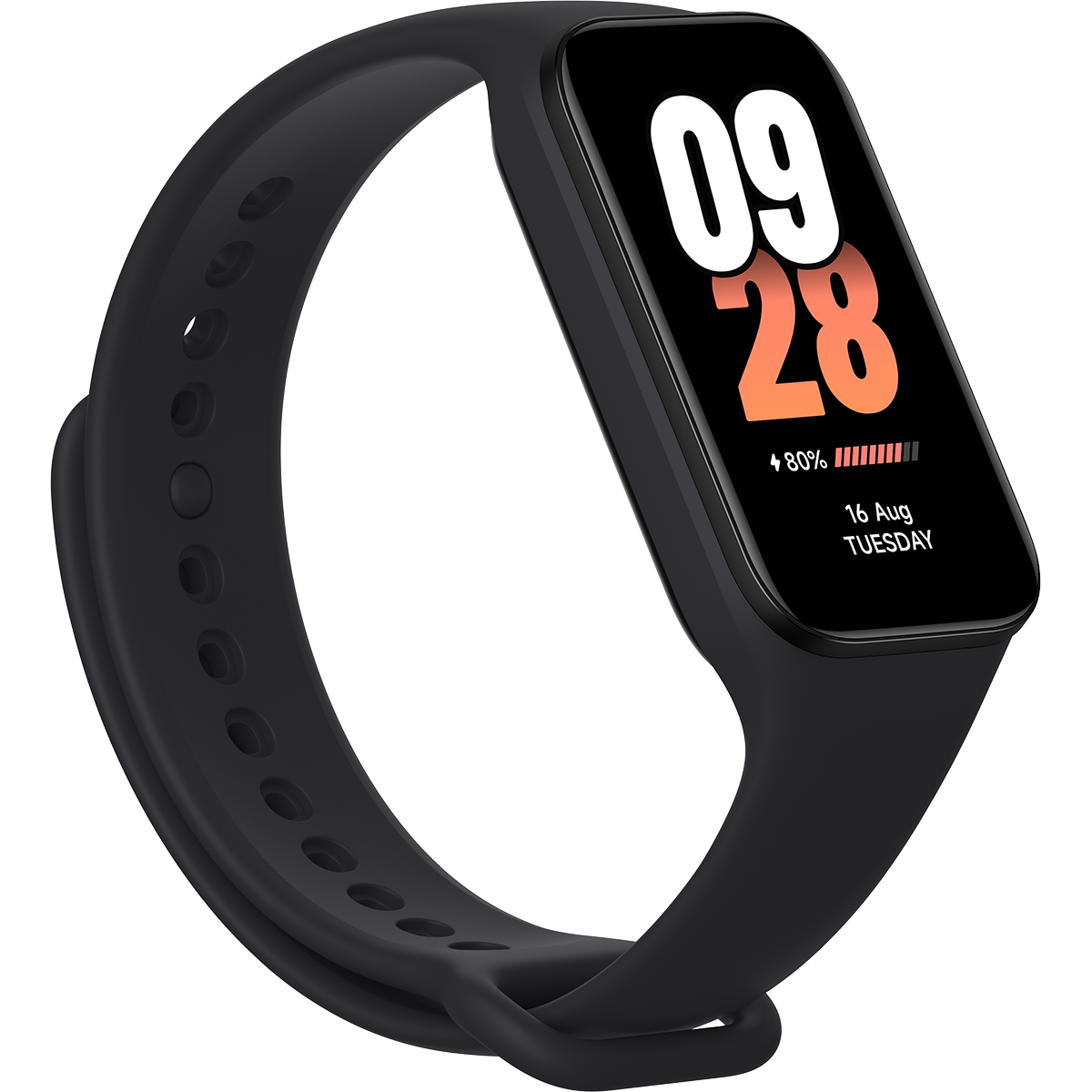 Smartwatch negra mostrando fecha, hora e indicador de batería.