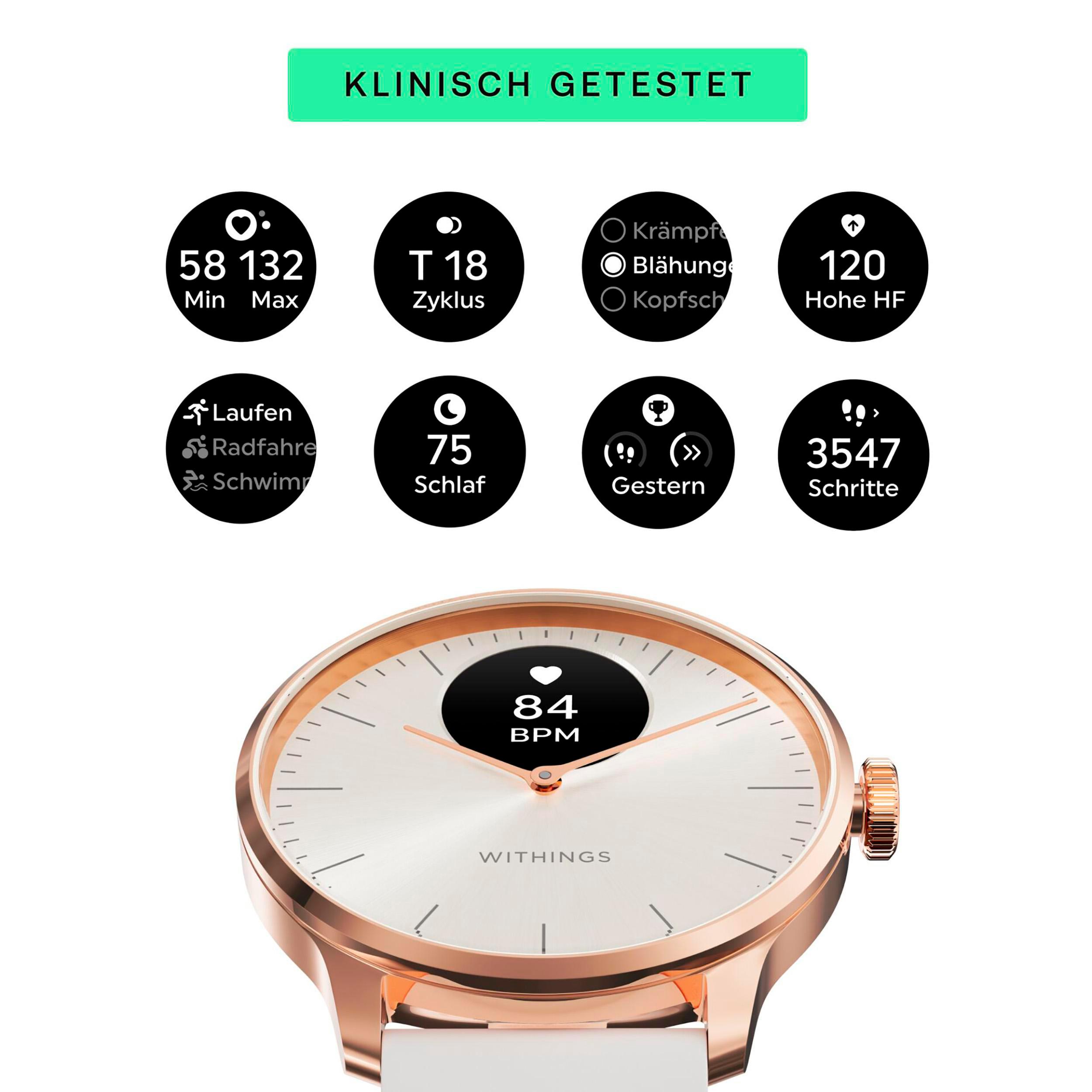 WITHINGS ScanWatch Light Smartwatch Kautschuk, Roségold Armbandmaterial: mm, Weiß 37 Edelstahl Edelstahl
