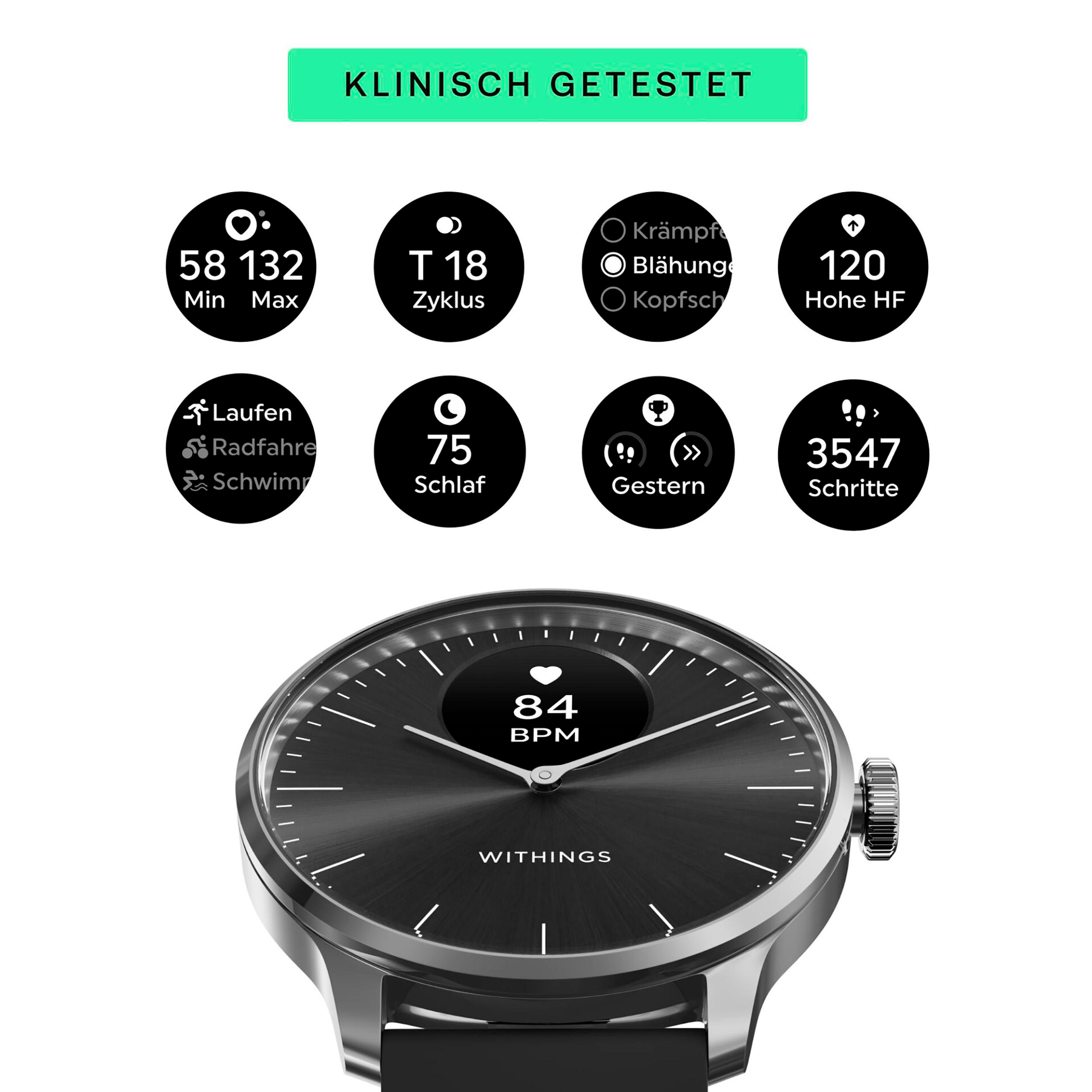 Smartwatch Edelstahl WITHINGS ScanWatch 37 Kautschuk, Schwarz Edelstahl, Armbandmaterial: mm, Light