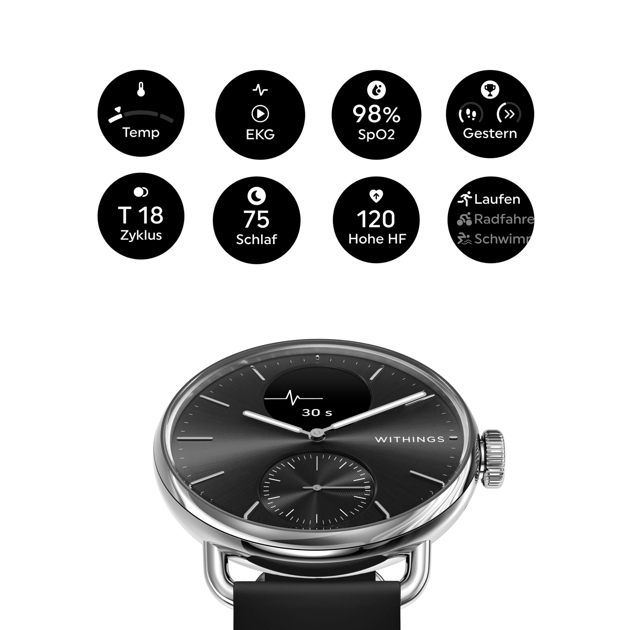 Edelstahl, Kautschuk, mm, Armbandmaterial: 38 2 Schwarz ScanWatch Smartwatch Edelstahl WITHINGS