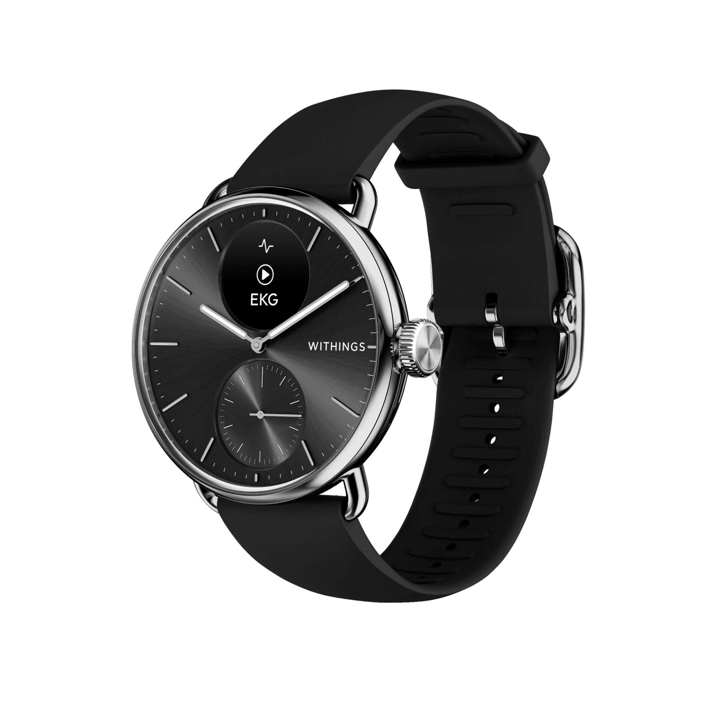 Armbandmaterial: WITHINGS 38 Edelstahl, Edelstahl mm, Smartwatch Schwarz 2 ScanWatch Kautschuk,