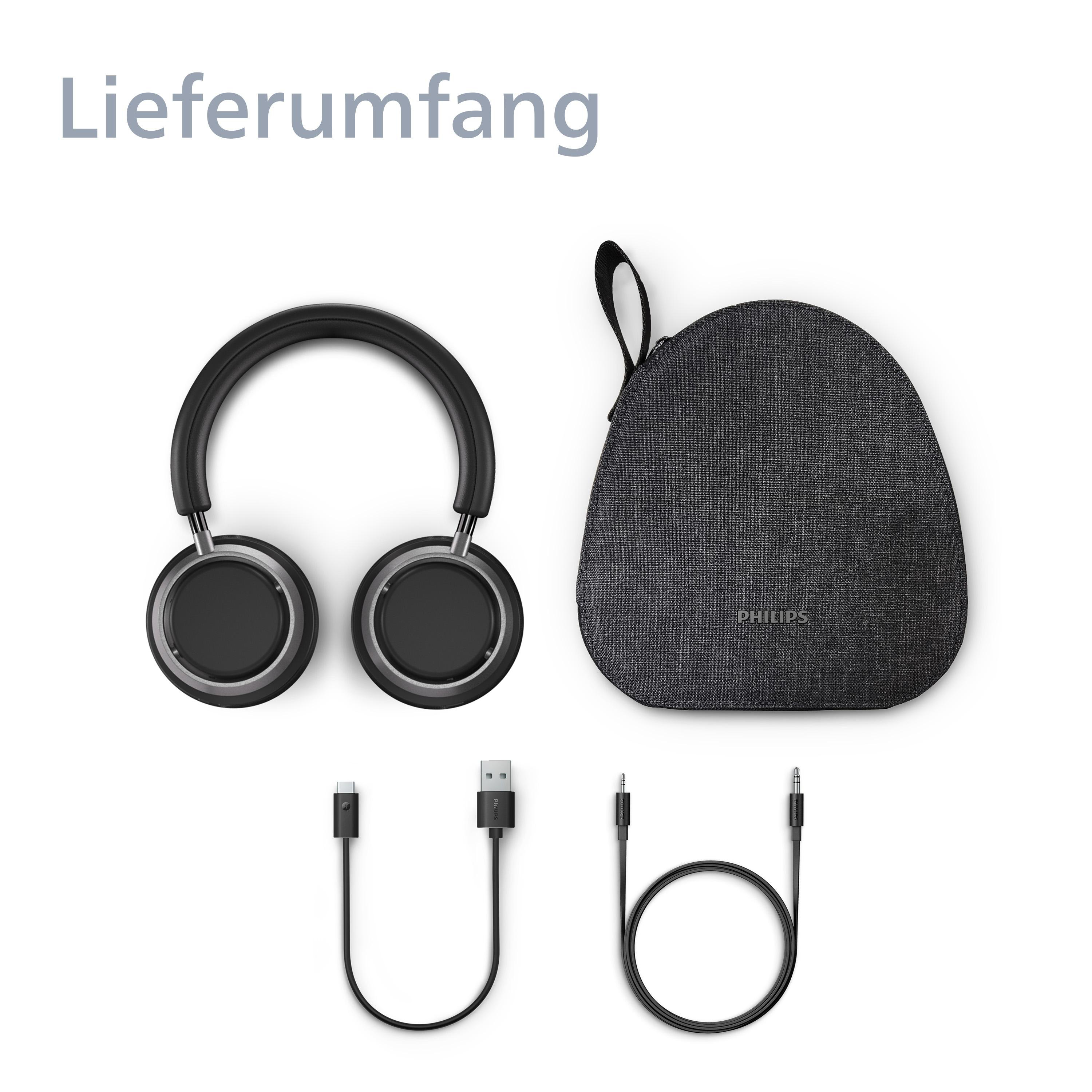 Kopfhörer, ein Etui und Kabel. Kopfhörer sind schwarz und silber, das Etui ist grau.