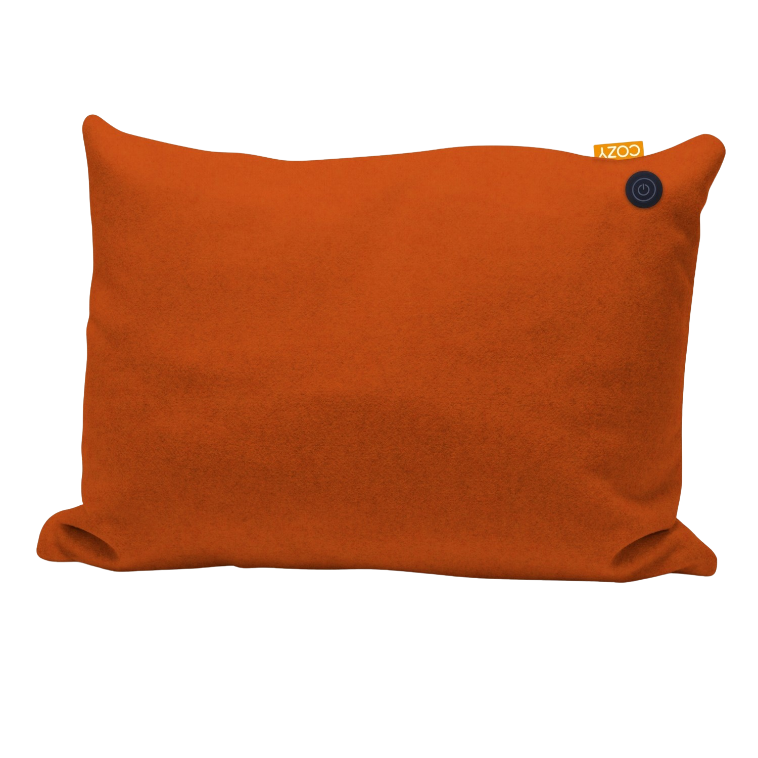 Un oreiller orange avec un bouton d'alimentation et une étiquette indiquant 'COZY'.