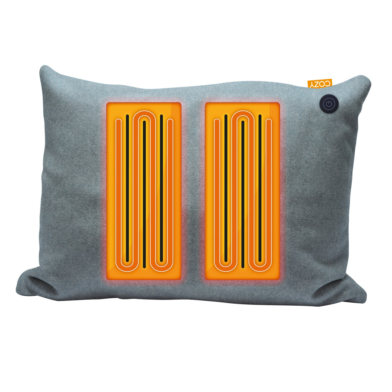 Un coussin chauffant gris avec deux zones de chauffage orange. Un bouton d'alimentation et une étiquette 'COZY' sont visibles.