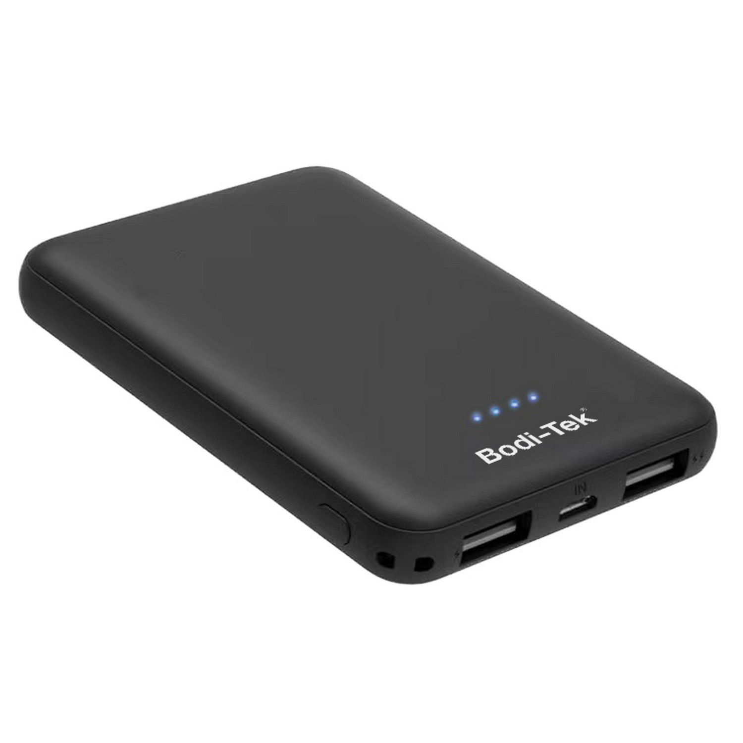 Une batterie externe Bodi-Tek noire avec des voyants bleus. Elle possède des ports USB et un bouton d'alimentation.