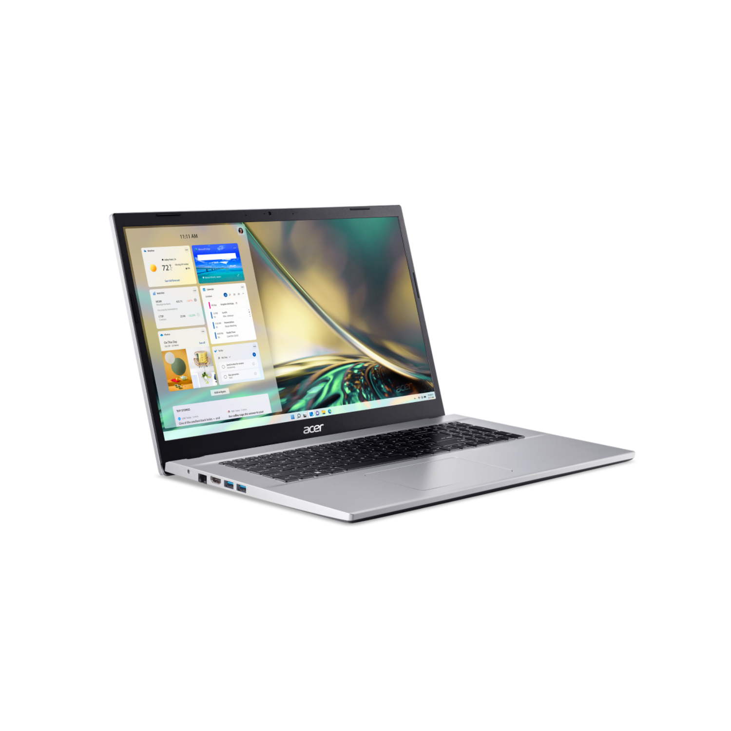 Silver laptop, open, on a black background. Screen displays a webpage with widgets.