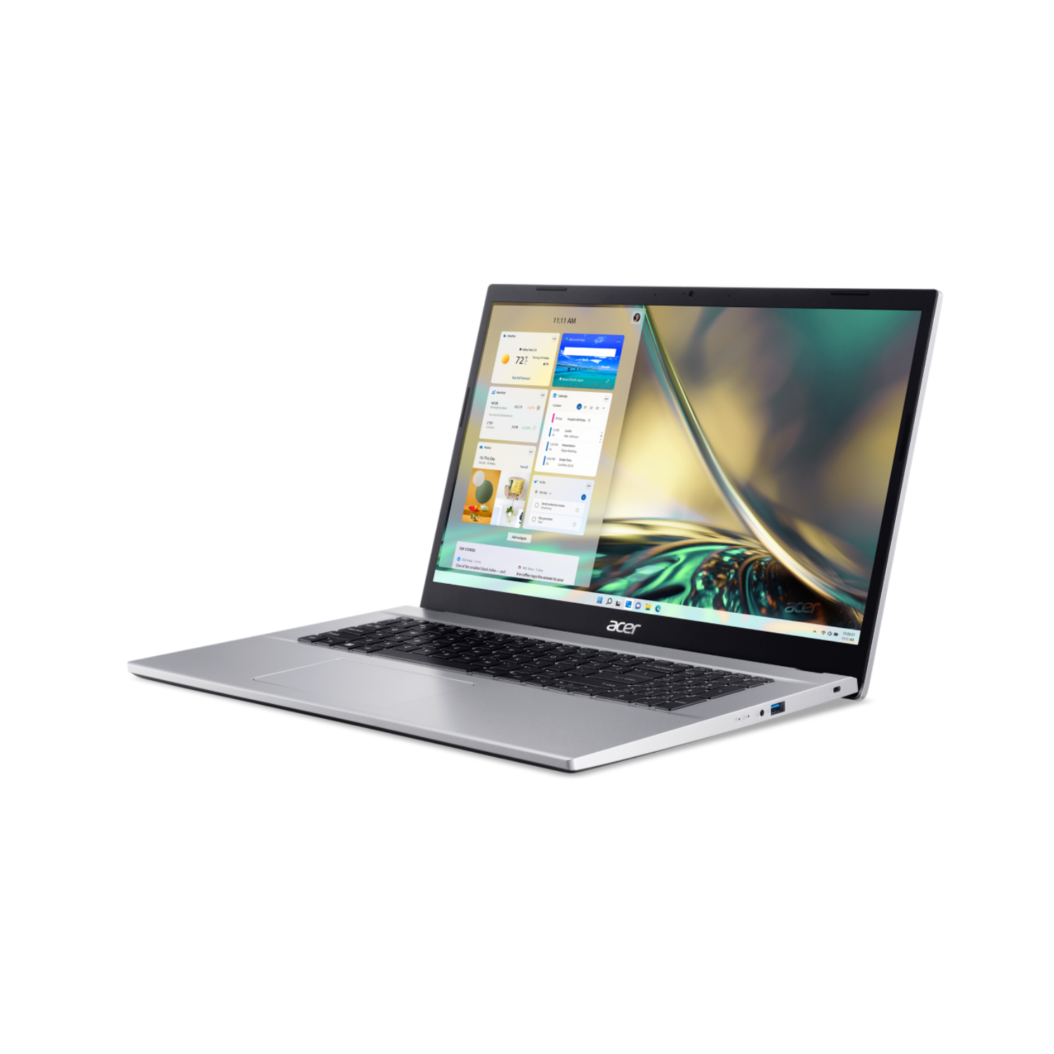 Silver laptop with screen open, on black background, showing desktop.