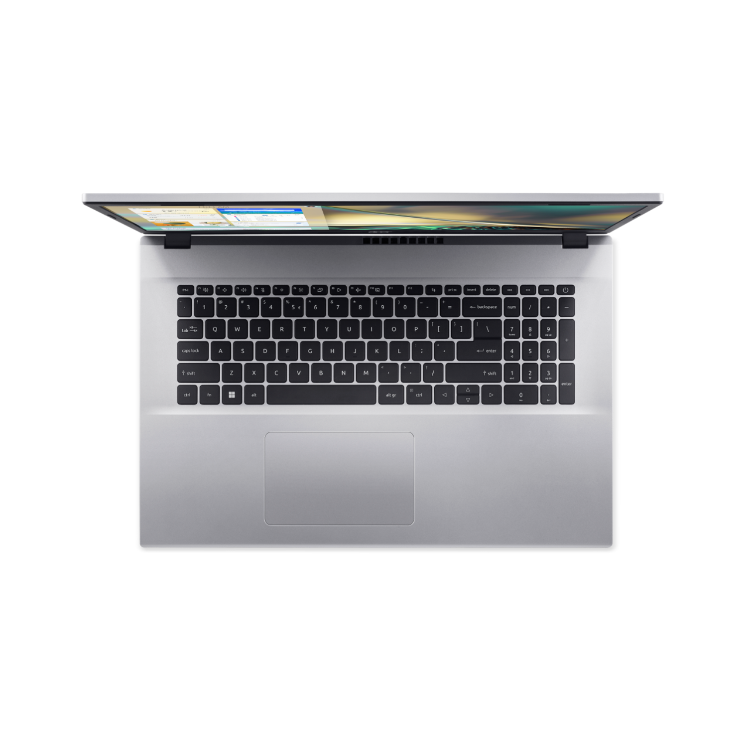 Silver laptop, top view. The screen is open, and the keyboard is visible.