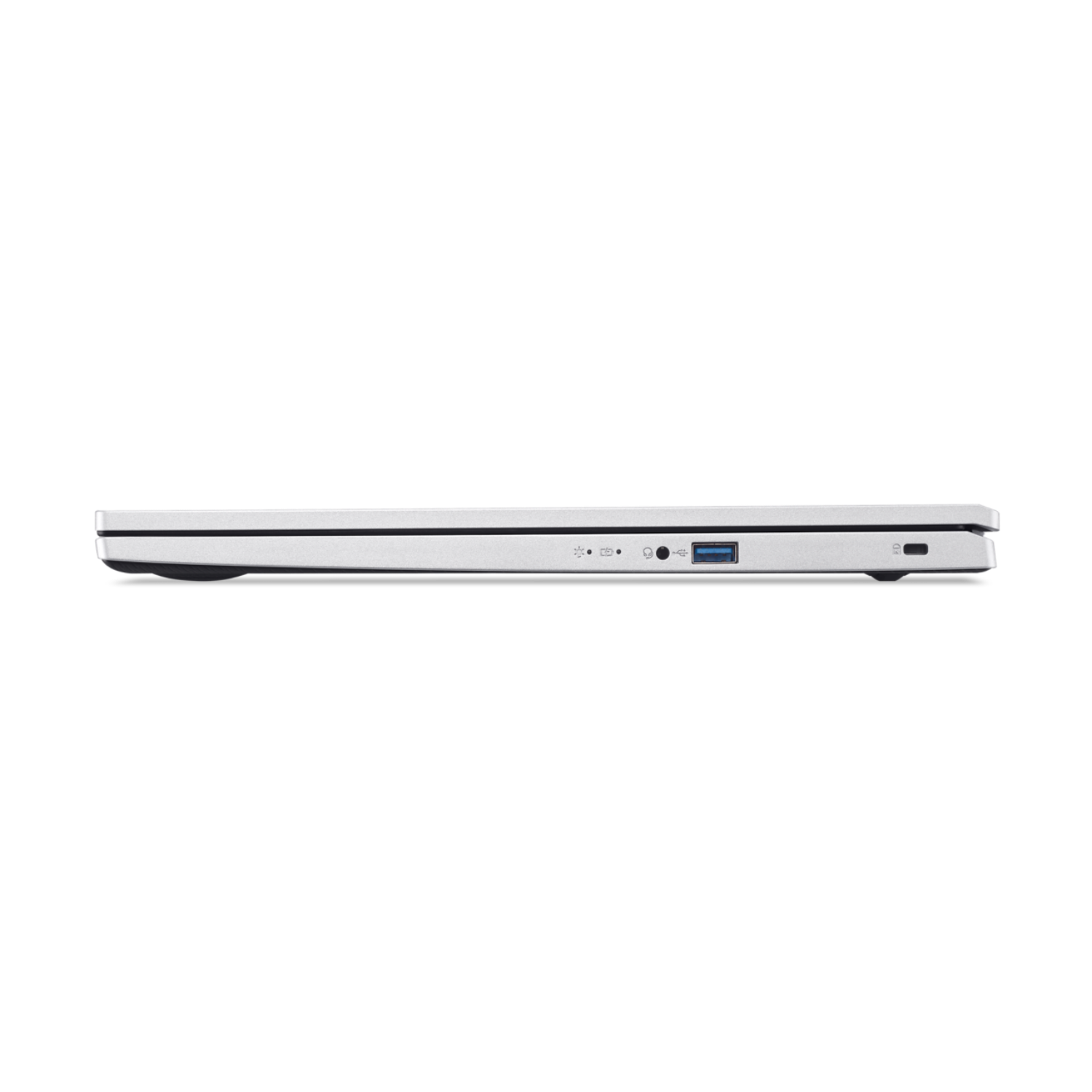 Side view of a silver laptop on a black background. It has ports and a power button.