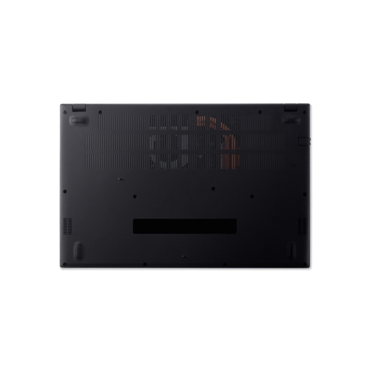 The underside of a black laptop with ventilation holes, screws, and a copper-colored component.