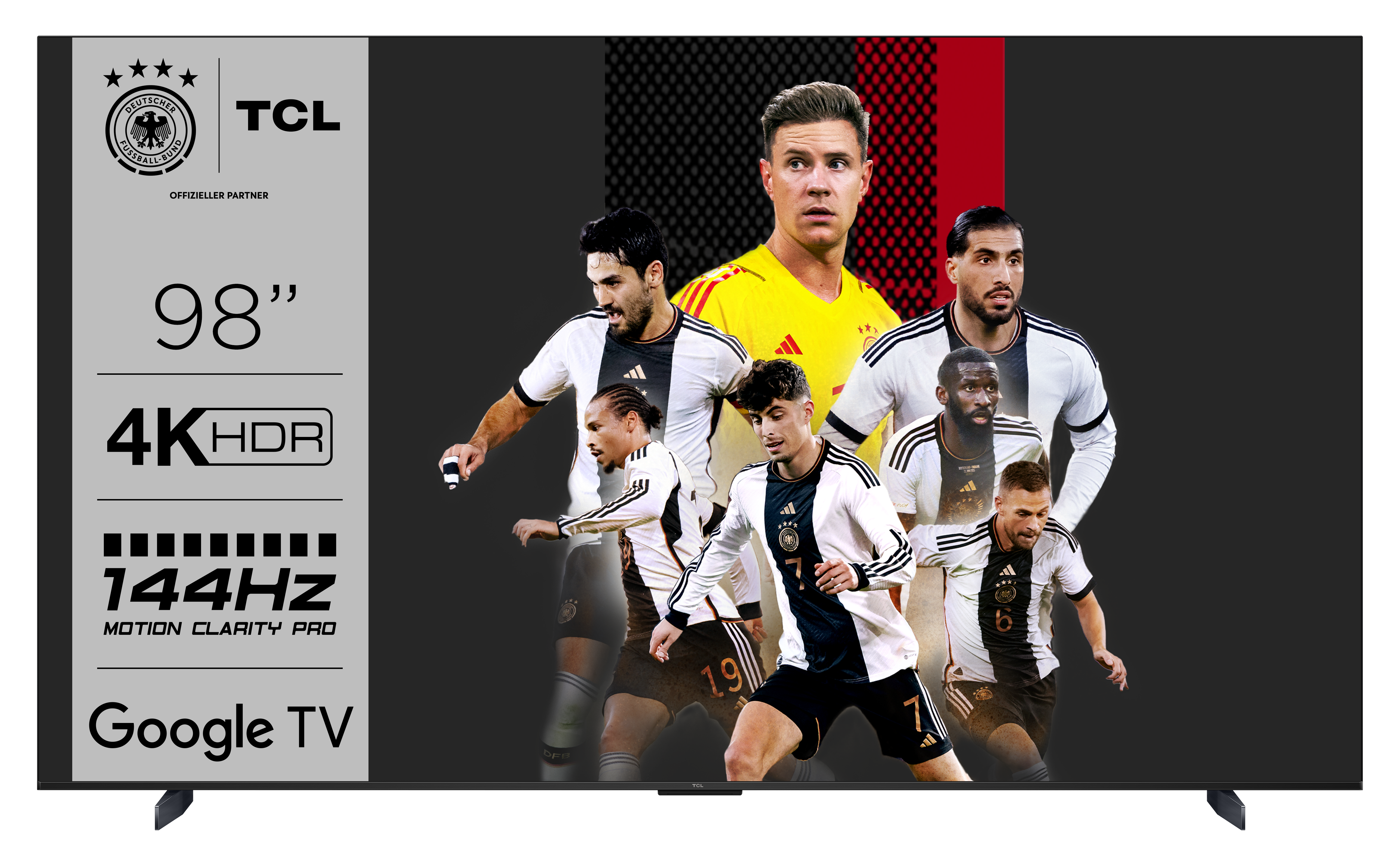Ein großer Fernsehbildschirm, der eine Fußballmannschaft zeigt, mit Details wie Größe und 4K HDR.