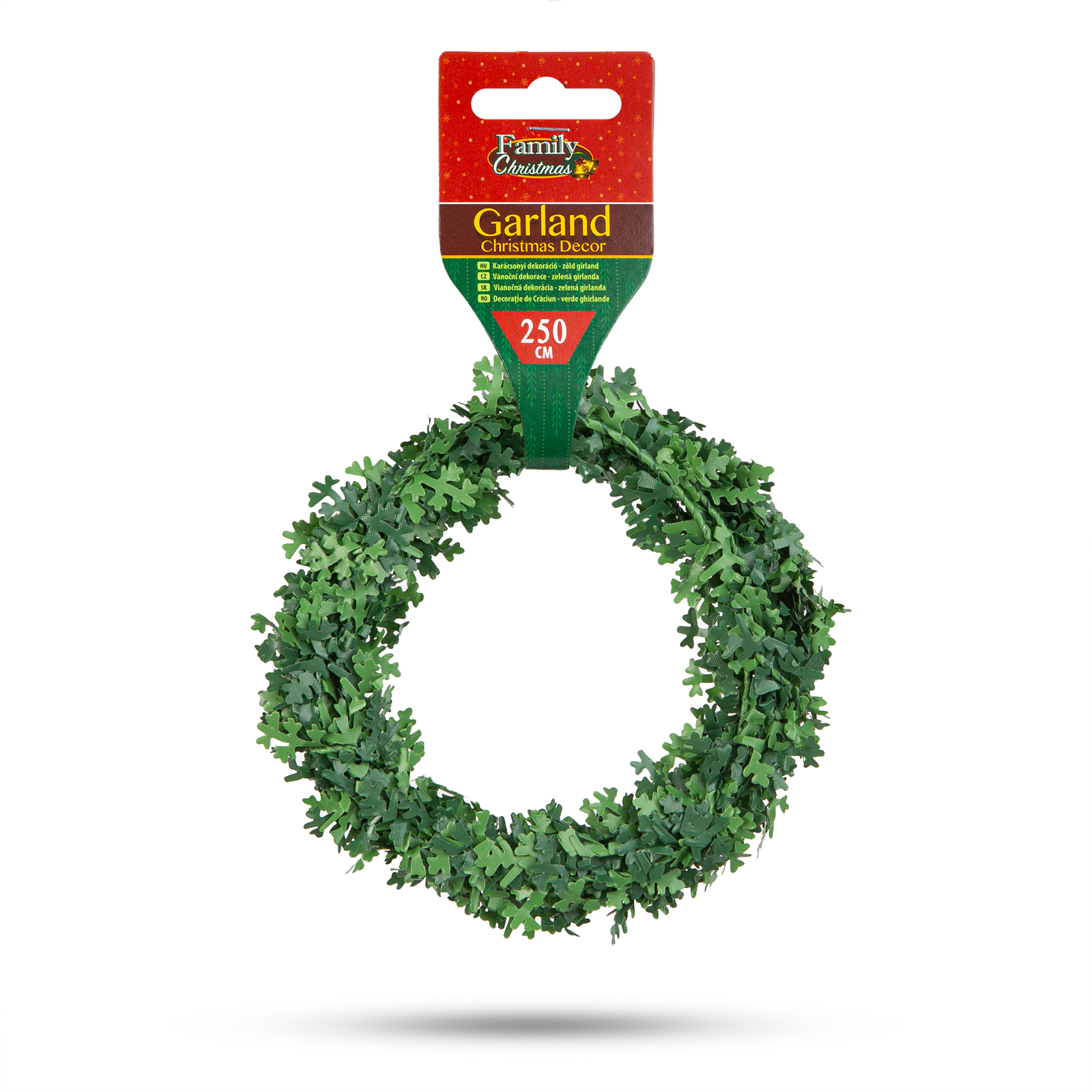 Zöld girland kör alakban, egy piros címkével, amelyen a "Family Christmas" felirat szerepel.