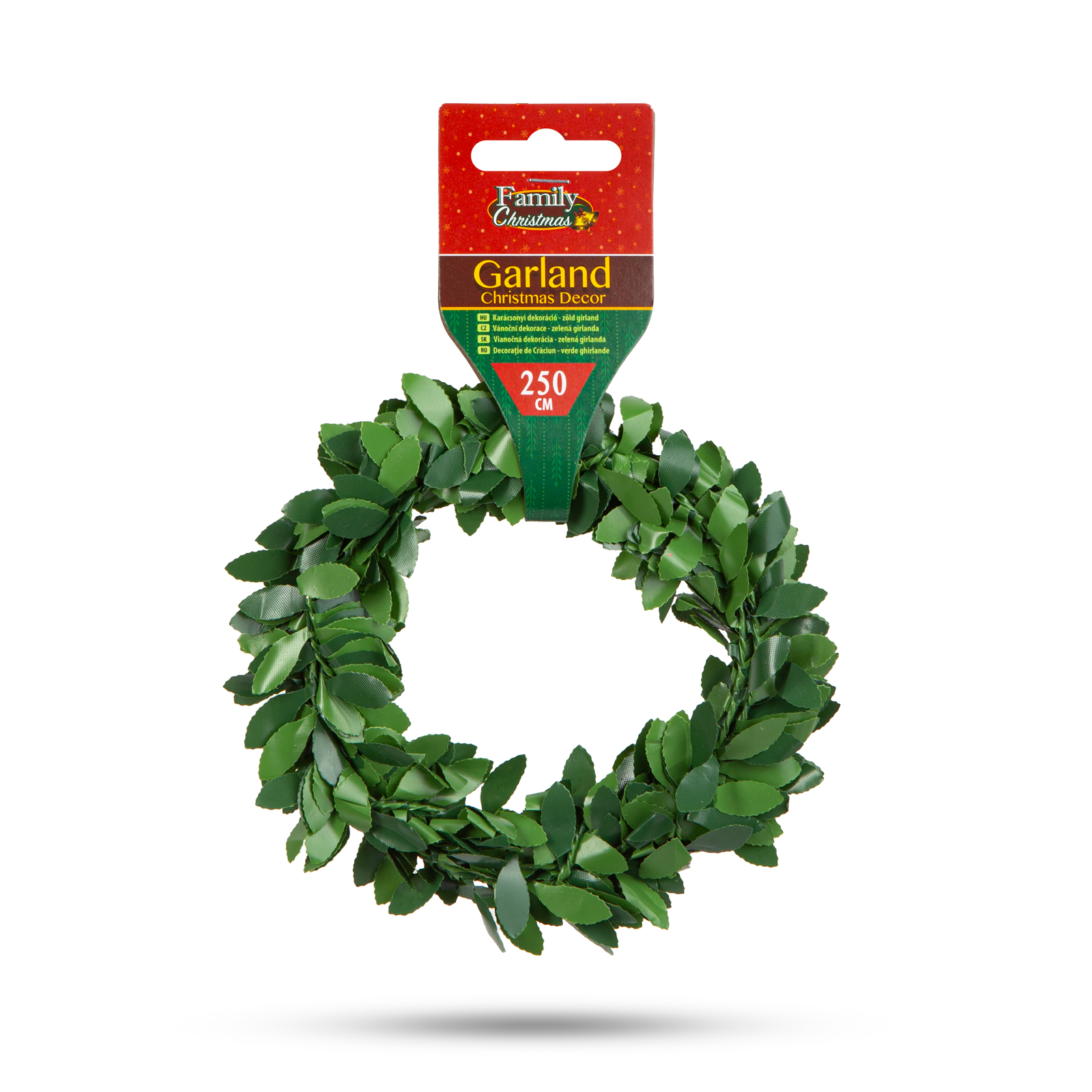 Egy zöld karácsonyi girland kör alakban, egy címkével. A címkén a "Family Christmas" felirat olvasható.
