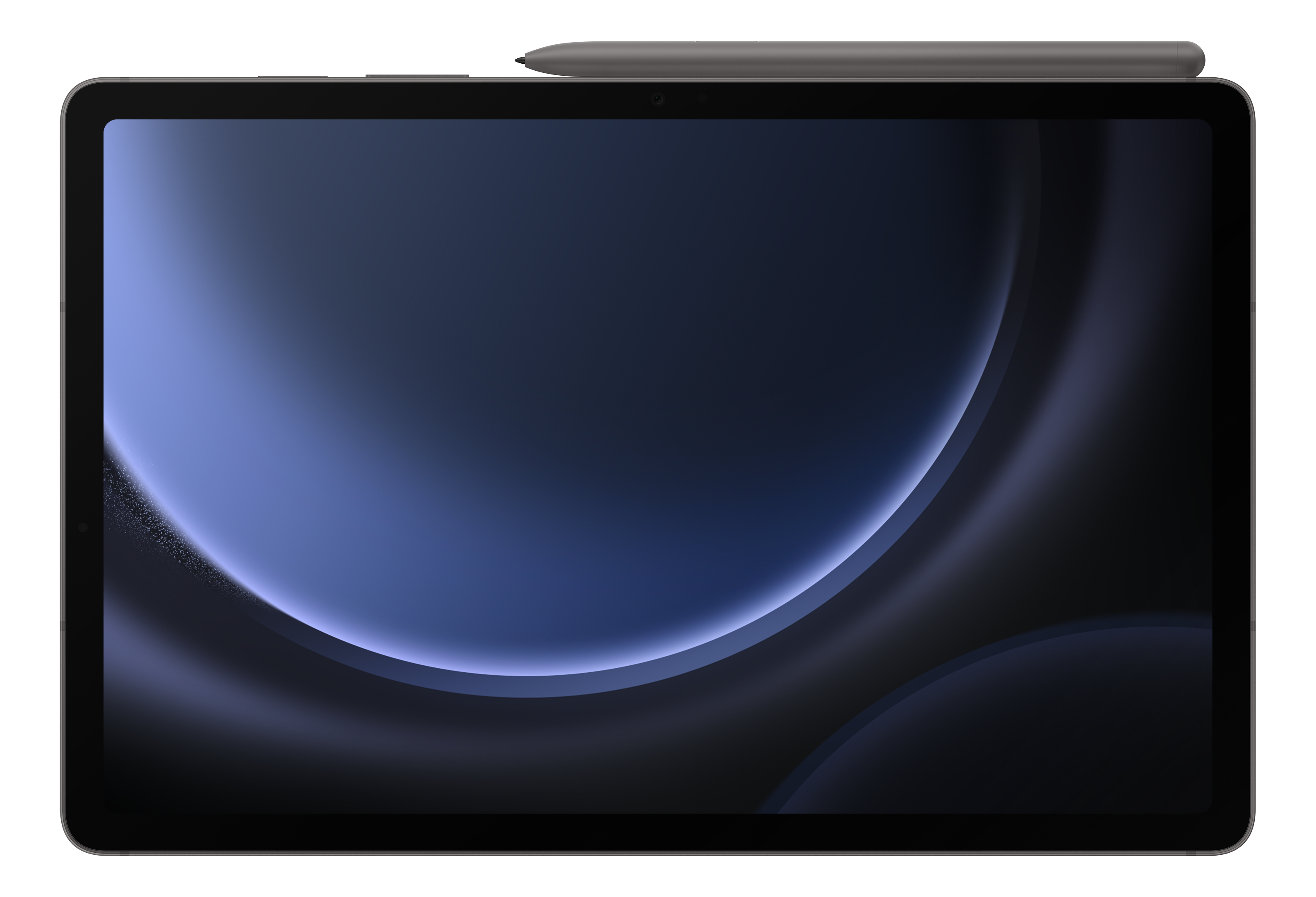 Tablet mit dunkelblauem Bildschirm, Stift obenauf. Schwarzer Hintergrund.