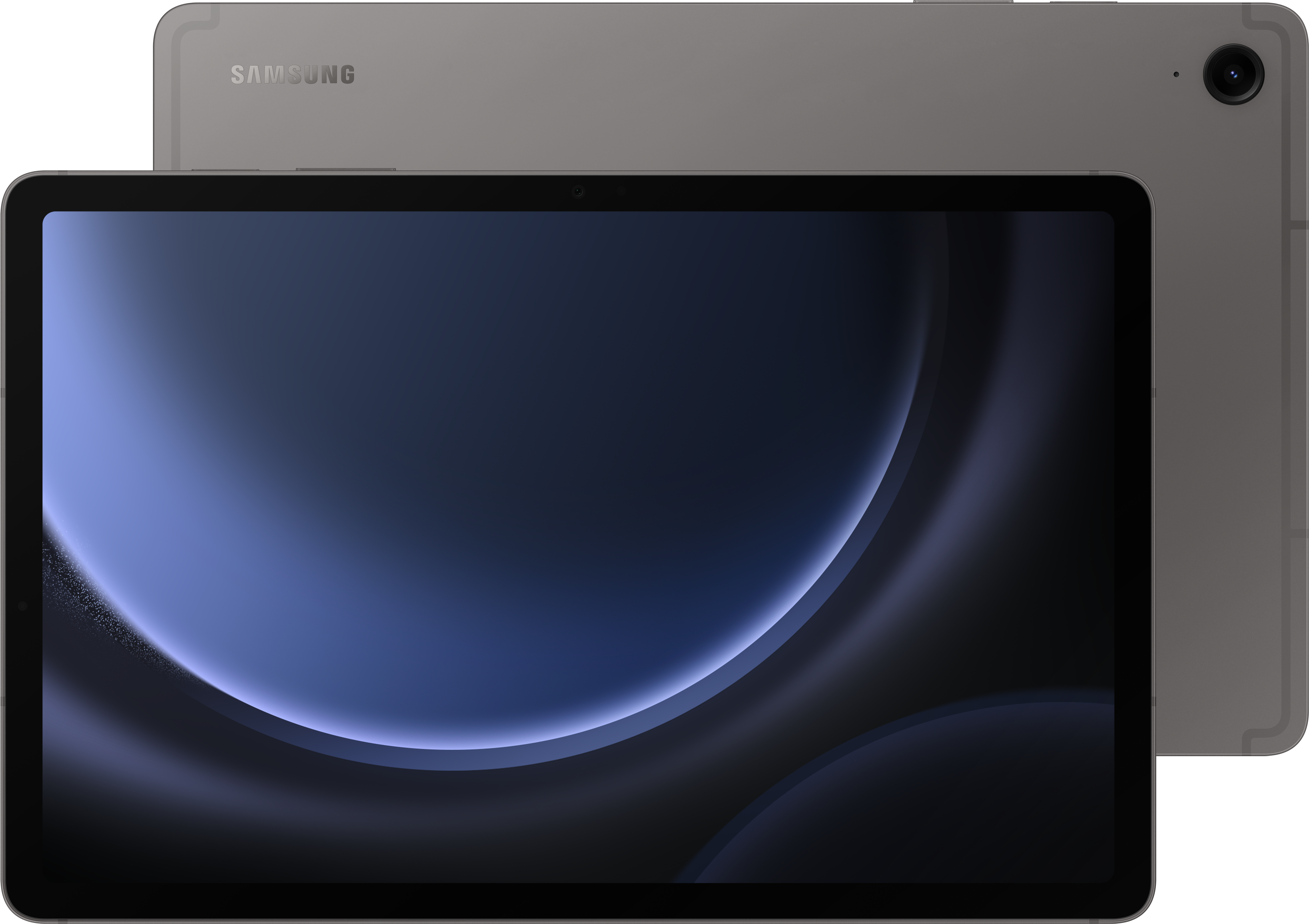 Graues Samsung Tablet, Vorder- und Rückansicht, auf schwarzem Hintergrund.