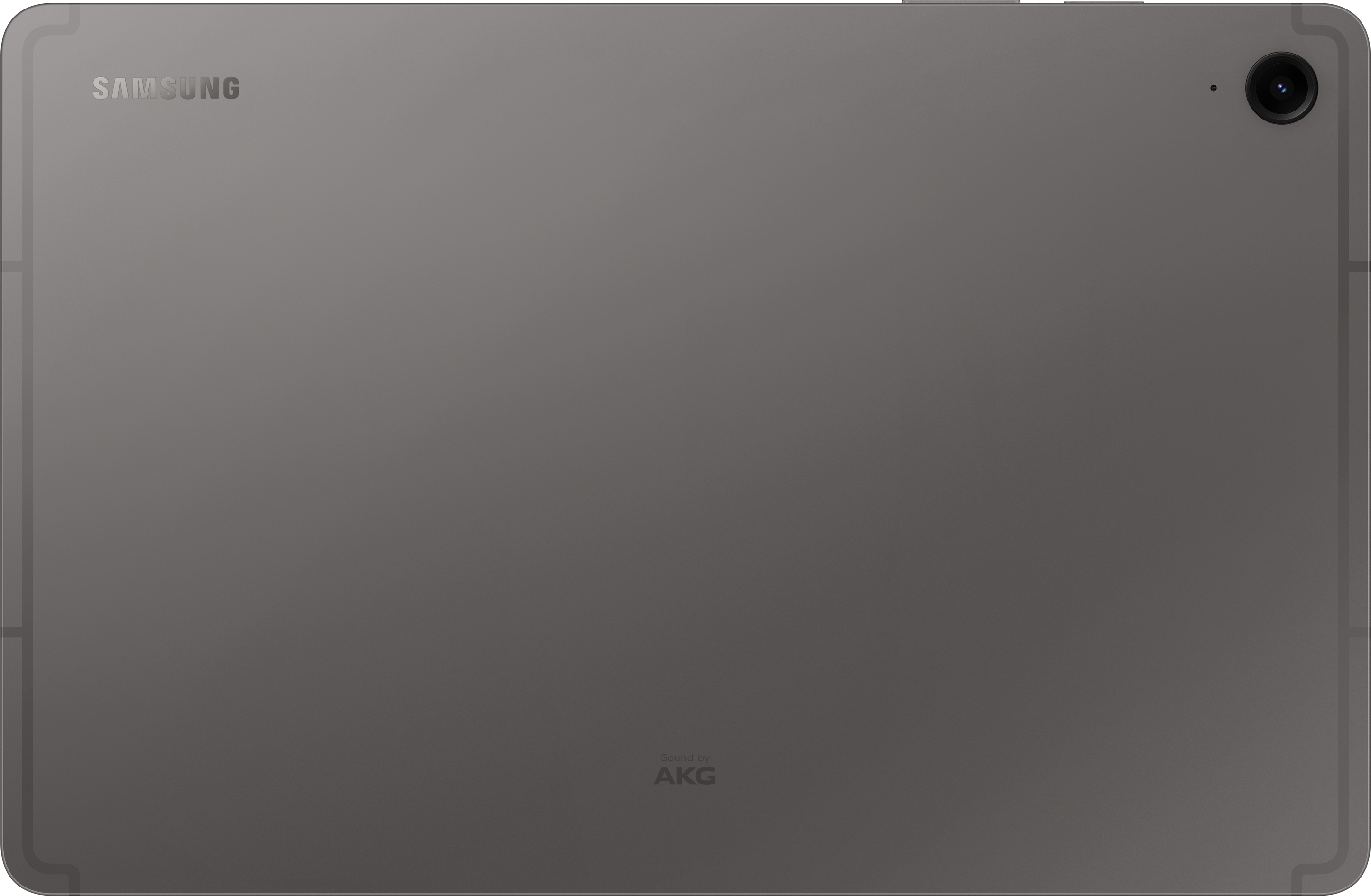 Die Rückseite eines grauen Samsung-Tablets mit Kamera und AKG-Logo.
