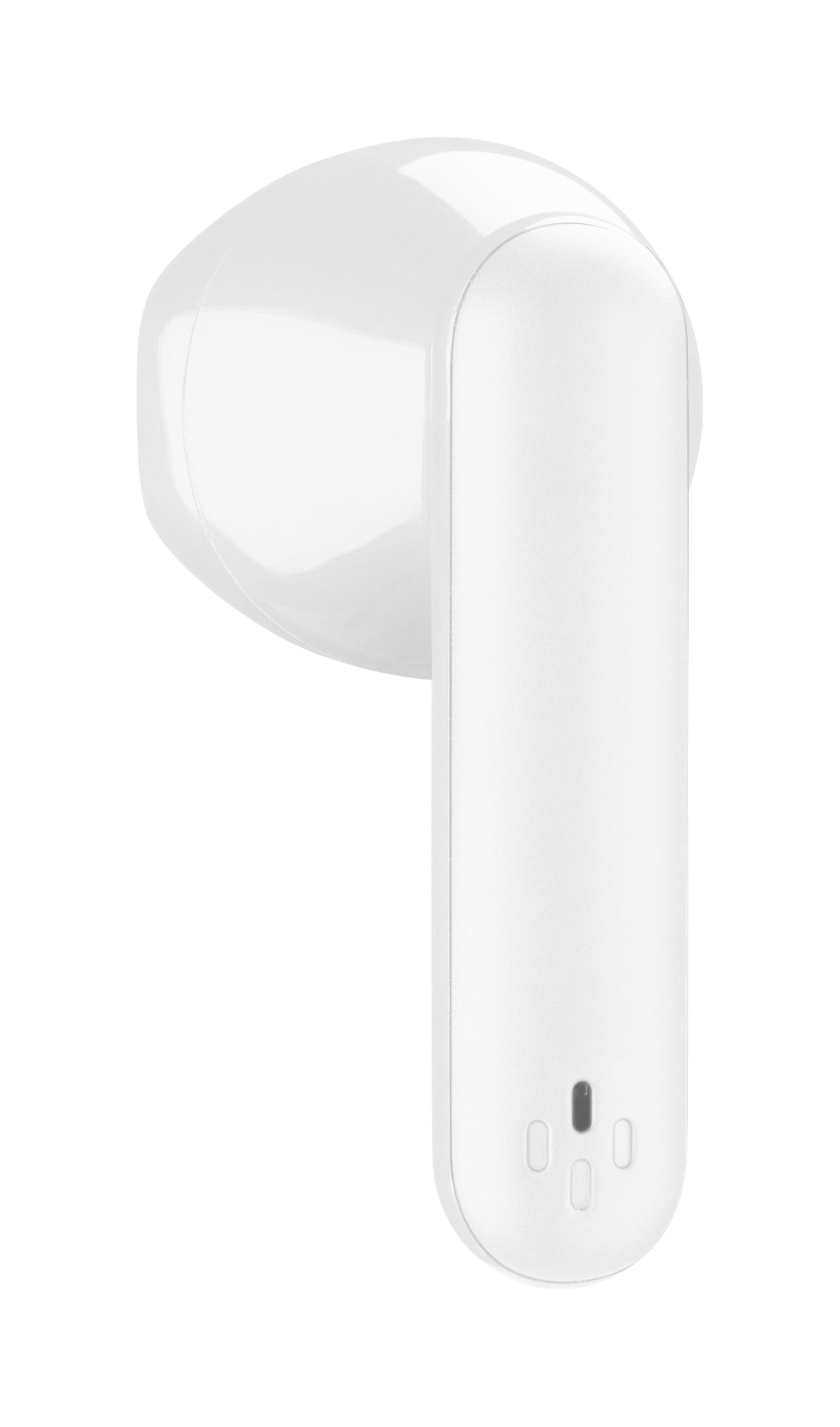 Un auricular blanco sobre un fondo blanco. Tiene una parte superior redondeada y un tallo largo y rectangular con tres pequeños agujeros.
