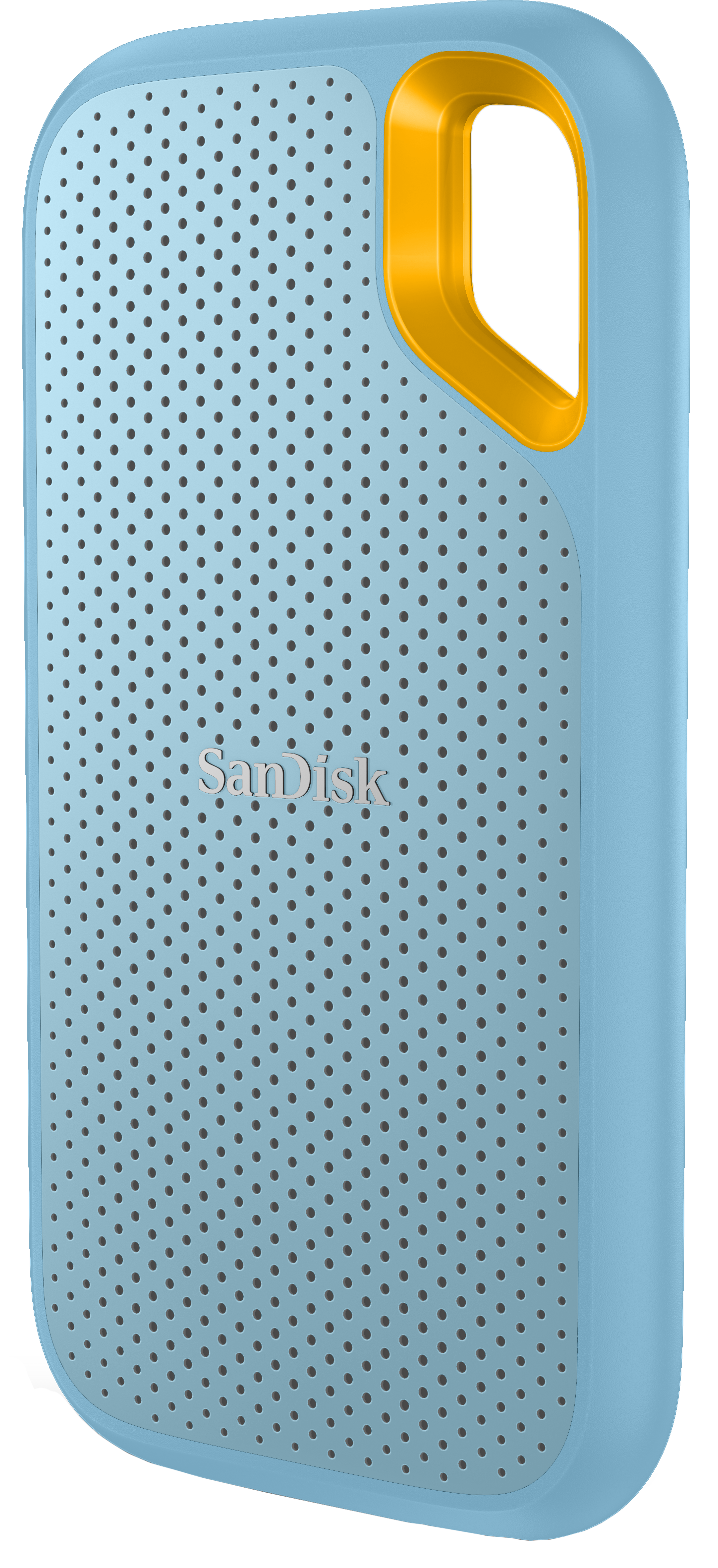 Blauwe en gele SanDisk externe harde schijf, met geperforeerd oppervlak. Het logo staat in het midden.