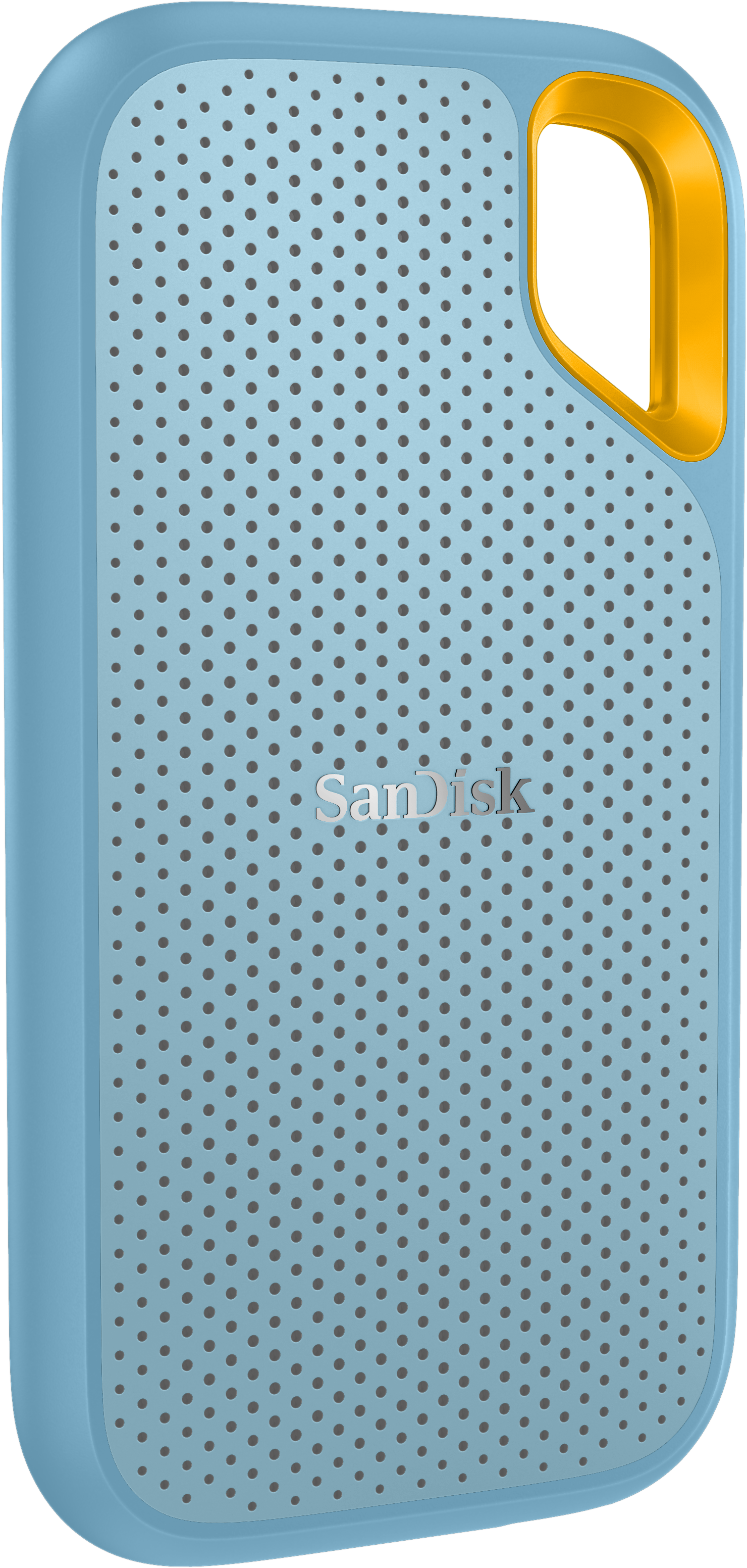 Een blauwe en gele draagbare luidspreker met een geperforeerd oppervlak en het Sandisk-logo.