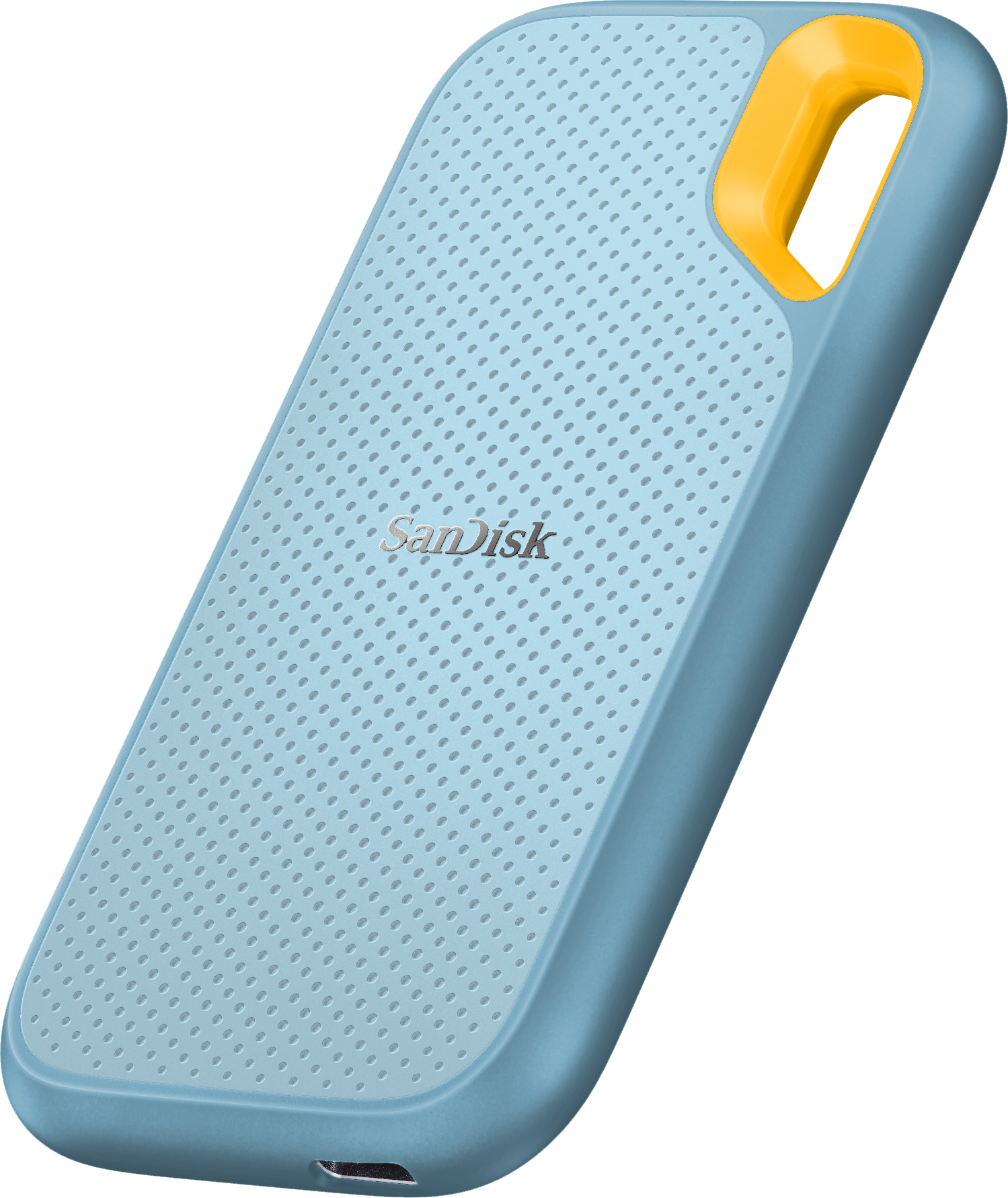 Blue and yellow portable hard drive. SanDisk logo is visible. Hole for a lanyard. Perforated surface.