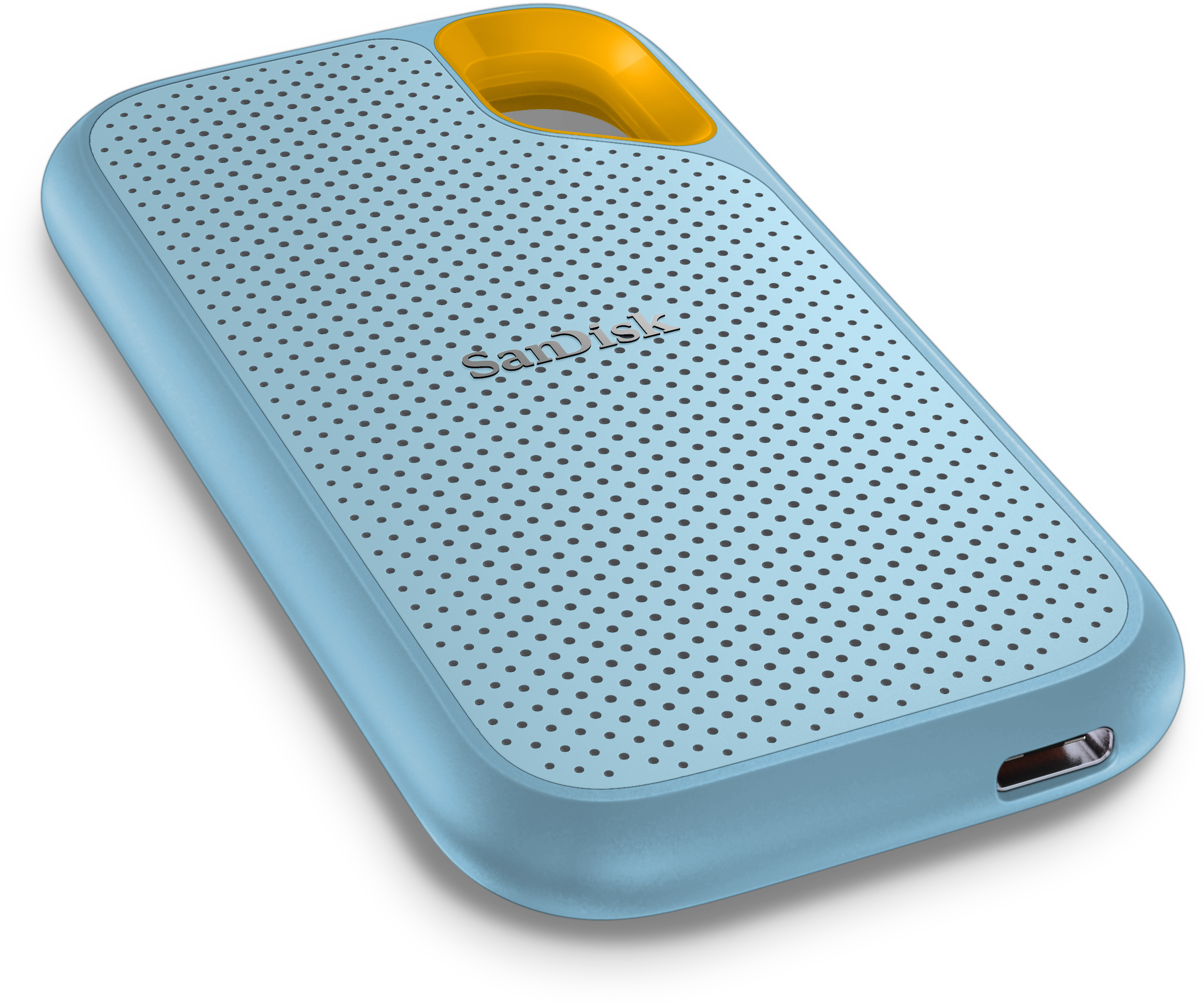 Blue and yellow portable hard drive with a perforated design. The brand "Sandisk" is visible.