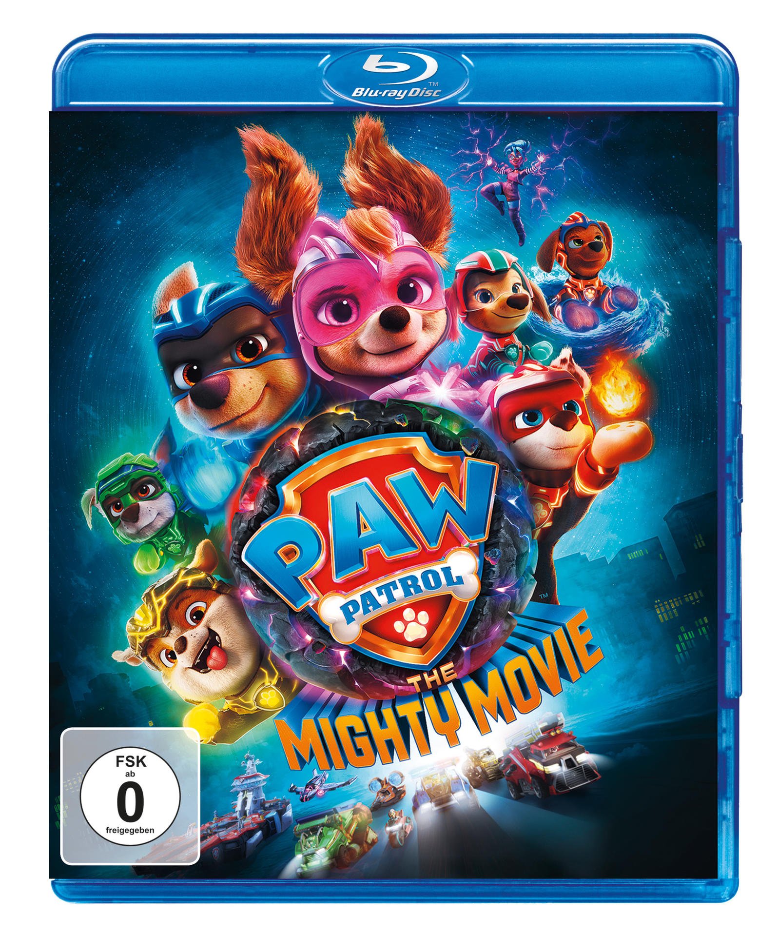 Blu-ray-Disc-Cover: Paw Patrol: The Mighty Movie. Die Welpen sind in Aktion, Filmtitel sichtbar.