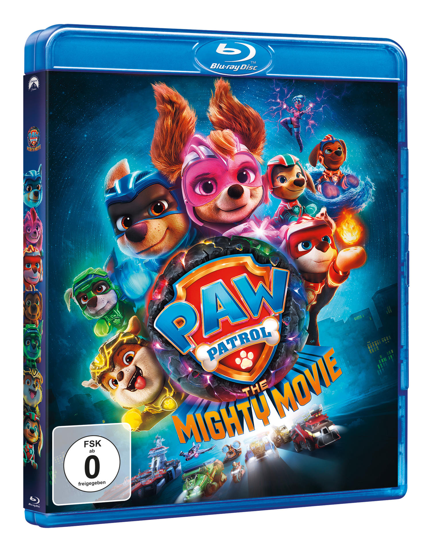 Blu-ray-Disc von 'Paw Patrol: The Mighty Movie'. Zeichentrickfiguren auf dem Cover, blaues Gehäuse.