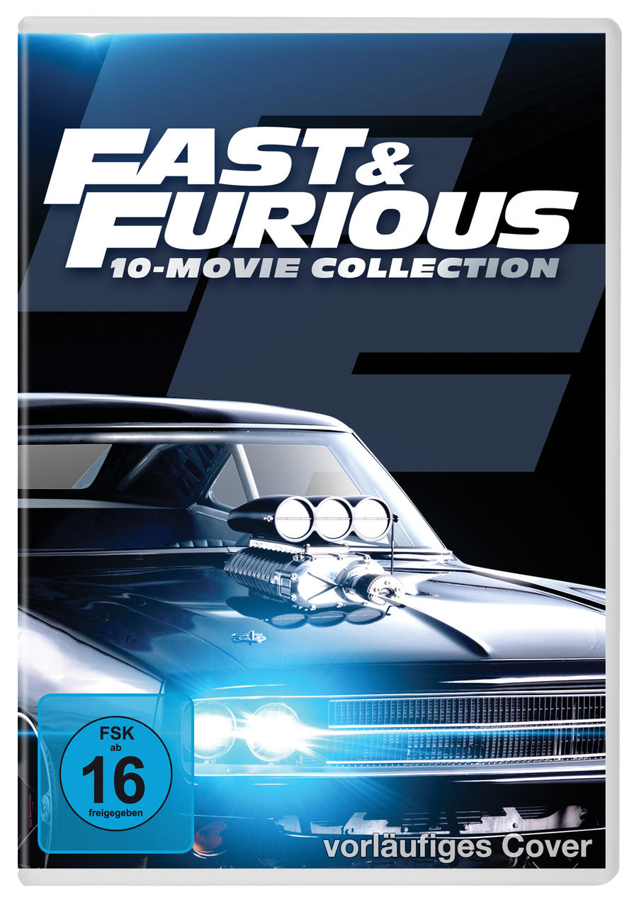 DVD-Cover von 'Fast & Furious 10-Movie Collection' mit einem Auto.