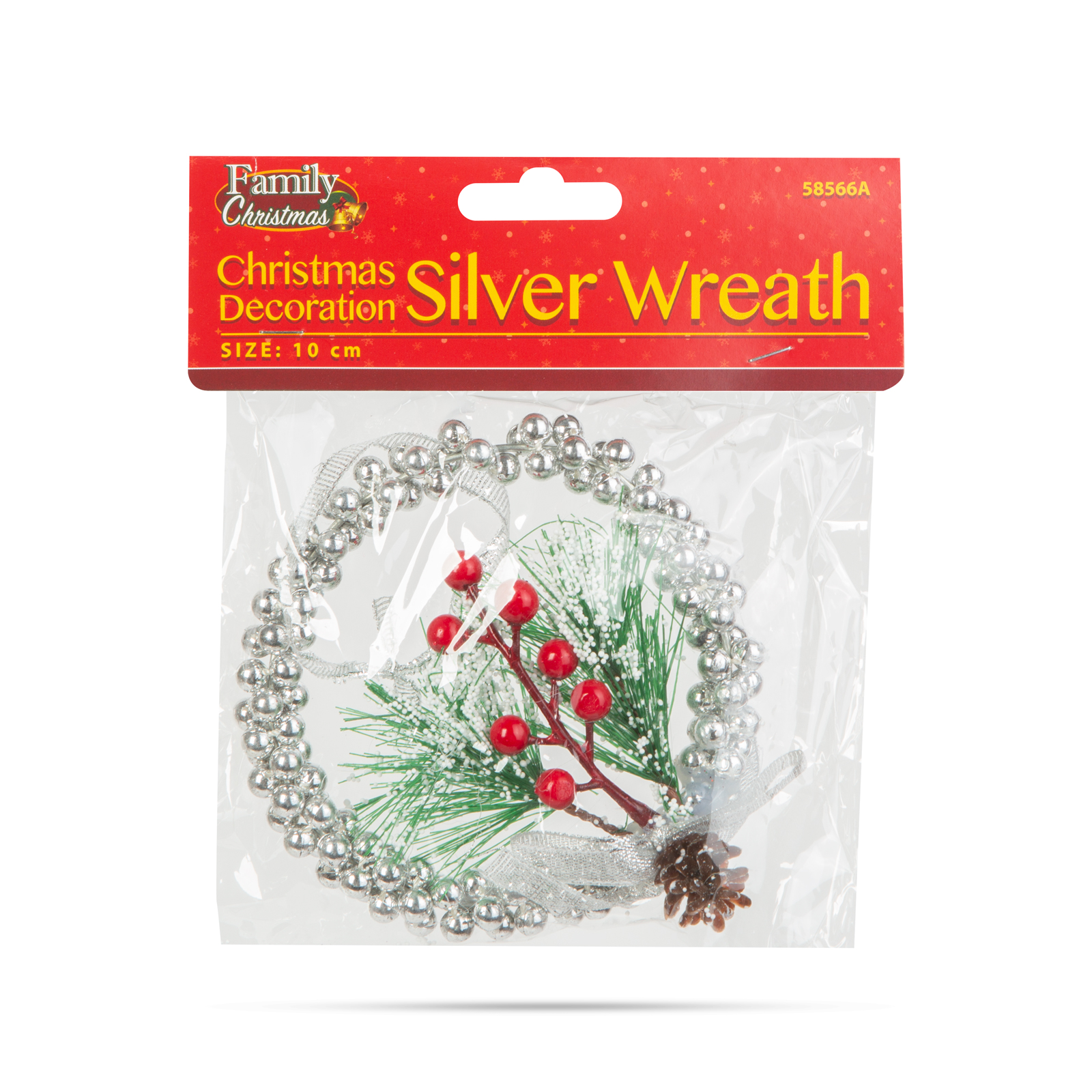 Karácsonyi ezüst koszorú dekoráció átlátszó csomagolásban.