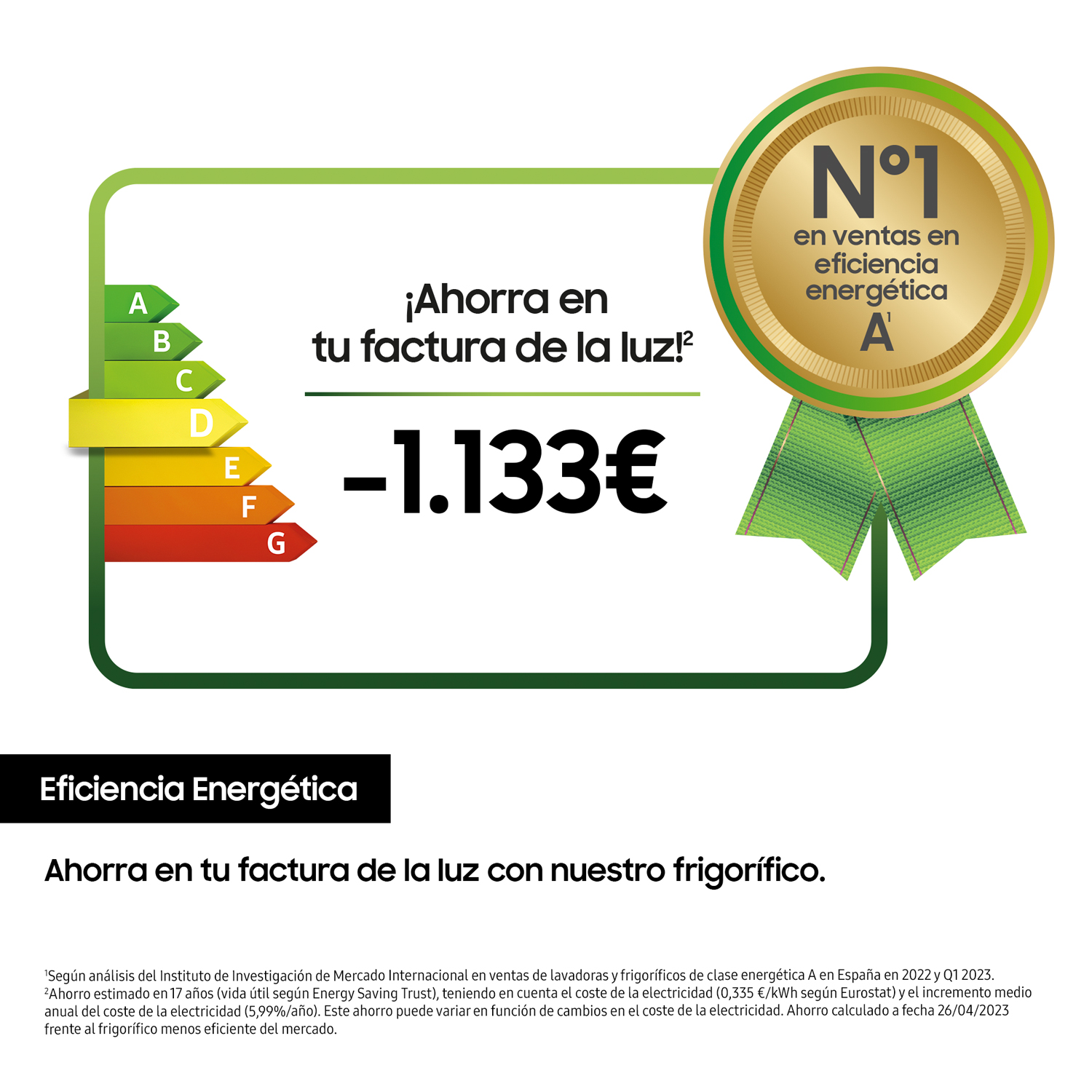 Etiqueta de eficiencia energética con texto sobre ahorro en facturas de electricidad.